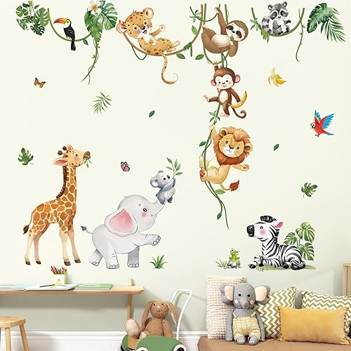 Miniatura 3 de decalmile Calcomanías de pared de animales de safari, animales de la selva, trepadores, árbol, jirafa, elefante, león, pegatinas de pared,
