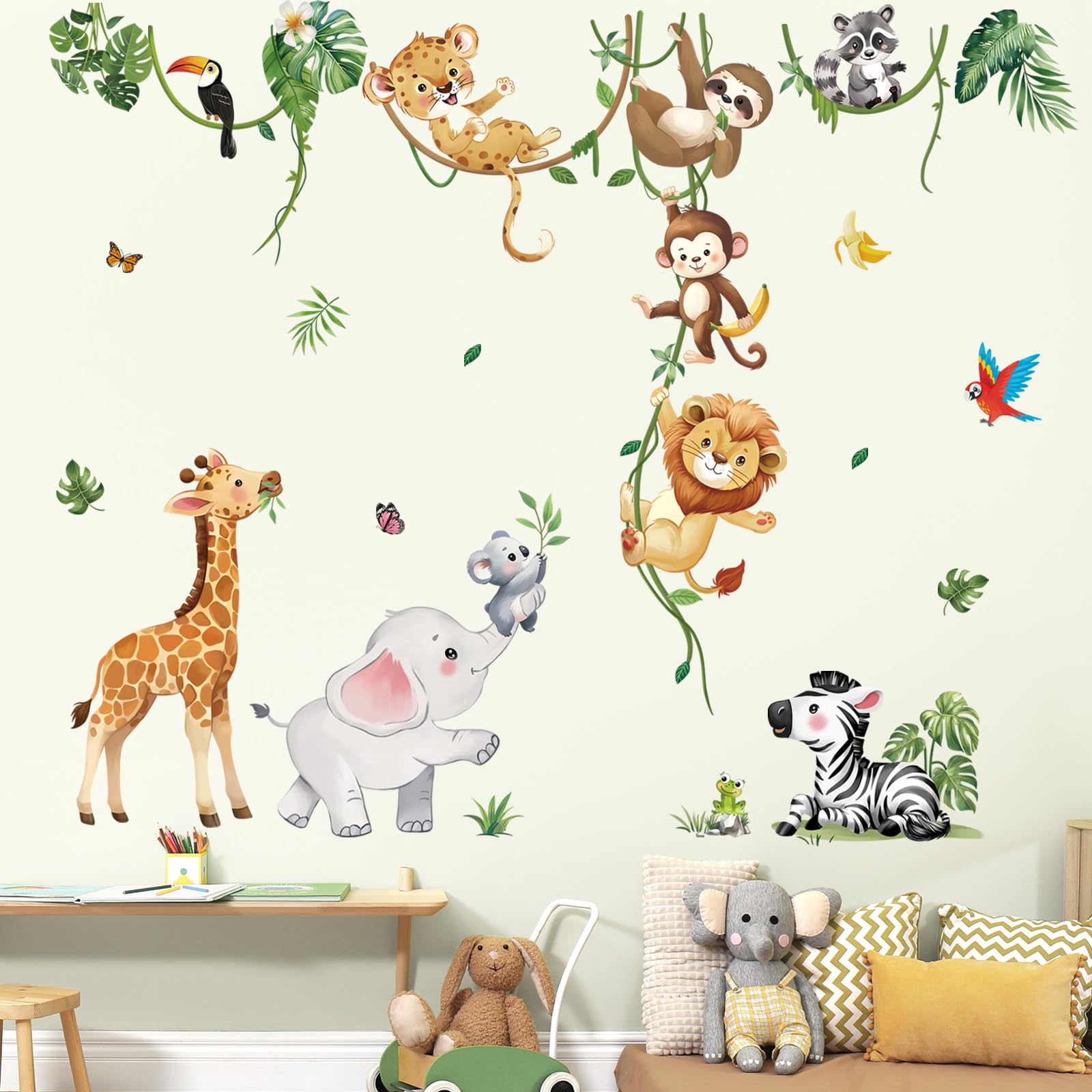 Adesivi Murali Animali della Giungla Giraffa Elefante Leone Safari Decorazione Murale per Camerette Bambini
