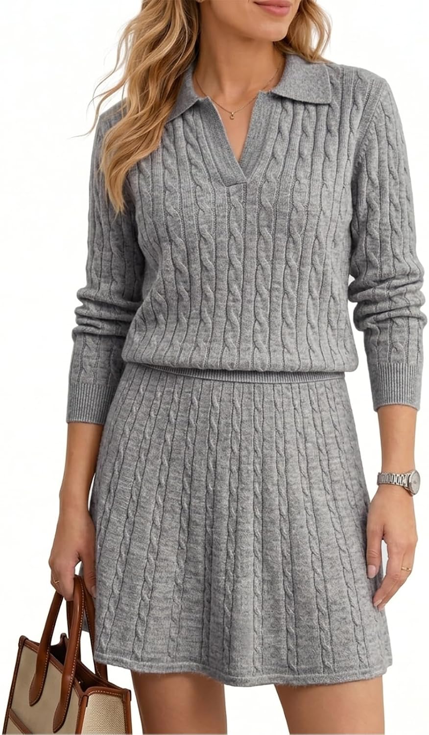 VIMPUNEC Womens 2 Piece Skirt Sets Cable Knit Mini Sweater Sets | Polo Collar, A Line Skirt, V Neckline, Long Sleeves, Stretch Knit, Work Days, Family Visits, Holiday Events, Casual Social