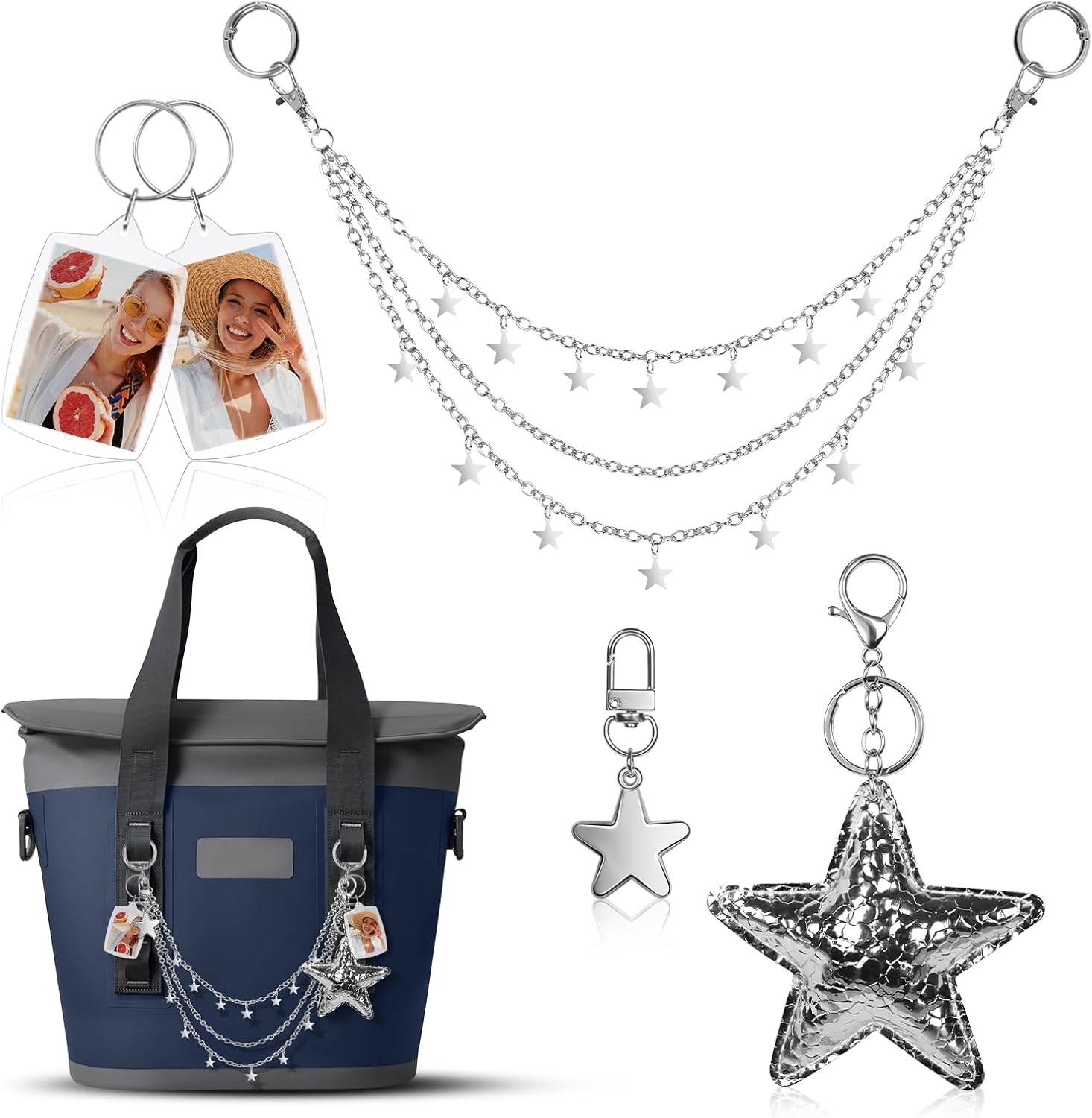 5PCS Tote Bag Charms Kit, PU Leather Heart & Photo Frame Bag Accessories, Multi-Layer Heart Chain & Bow Charm Compatible with Yeti Camino 20/35/50 Carryall & Bogg Beach Tote Bags for Women Girls