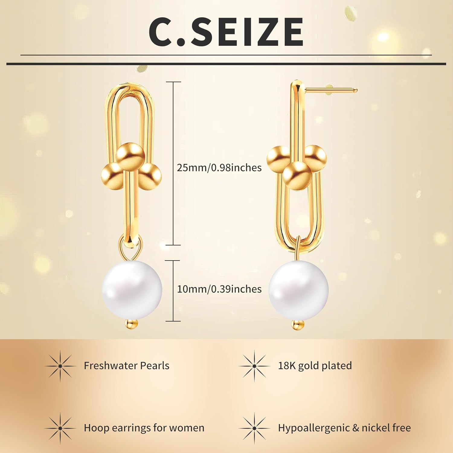 Gold Pearl Paperclip Earrings for Women, Trendy 14K Gold Plated Flat Back Drop Earrings, 925 Sterling Silver Pearl Chain Dangle Earrings Wedding Daily Jewelry Birthday Gifts for Women - Image 3