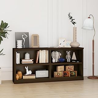 blini Low Horizontal Bookshelf Double Wide 64" 2-Tier Bookcase 4 Cube Storage Organizer Cherry Wood Bookcases for Bedroom and Home Office Decor Display