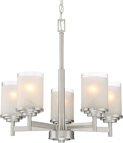 Kira Home Windsor - Candelabro moderno y contemporáneo de 5 luces de 19 pulgadas + cortinas de vidrio de lino blanco esmerilado, acabado de níquel