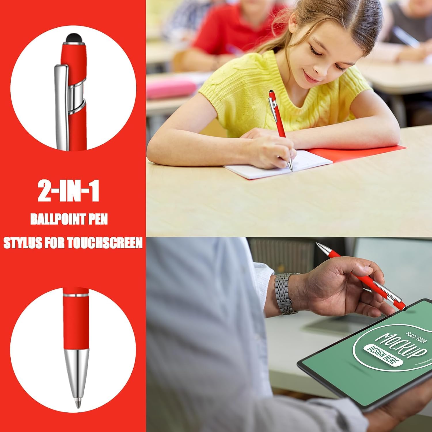 Lot de 50 stylos à bille bleus avec stylet 2 en 1 pour écrans tactiles, stylo de remerciement 2 en 1 pour collègues, collègues, bureau (rouge)