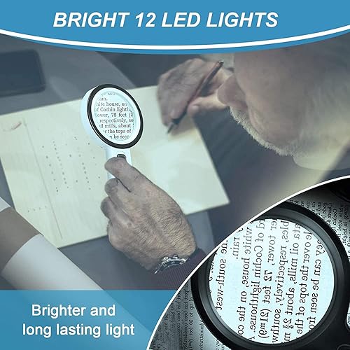 Miniatura 5 de Lupa con 12 luces LED, lente de vidrio doble 30X, lupa iluminada de mano, lupa de lectura con para personas mayores, leer, monedas, sellos, mapa,