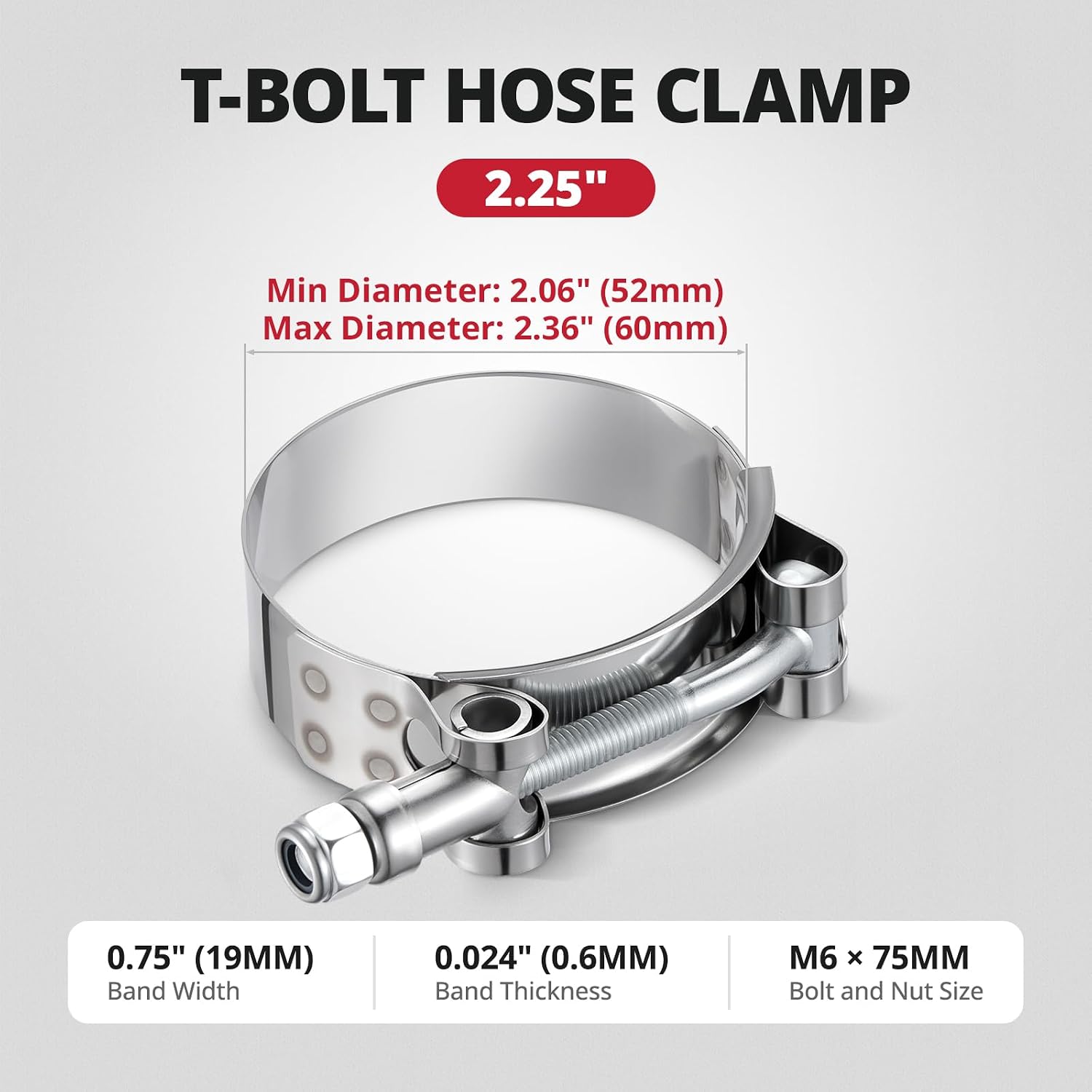 EVIL ENERGY 2.25 Inch T Bolt Hose Clamps,Stainless Steel 304 Turbo Intake Clamp,Working Range 52mm-60mm for 2 1/4" Hose ID,Pipe Intercooler Clamp for Automotive，2PCS