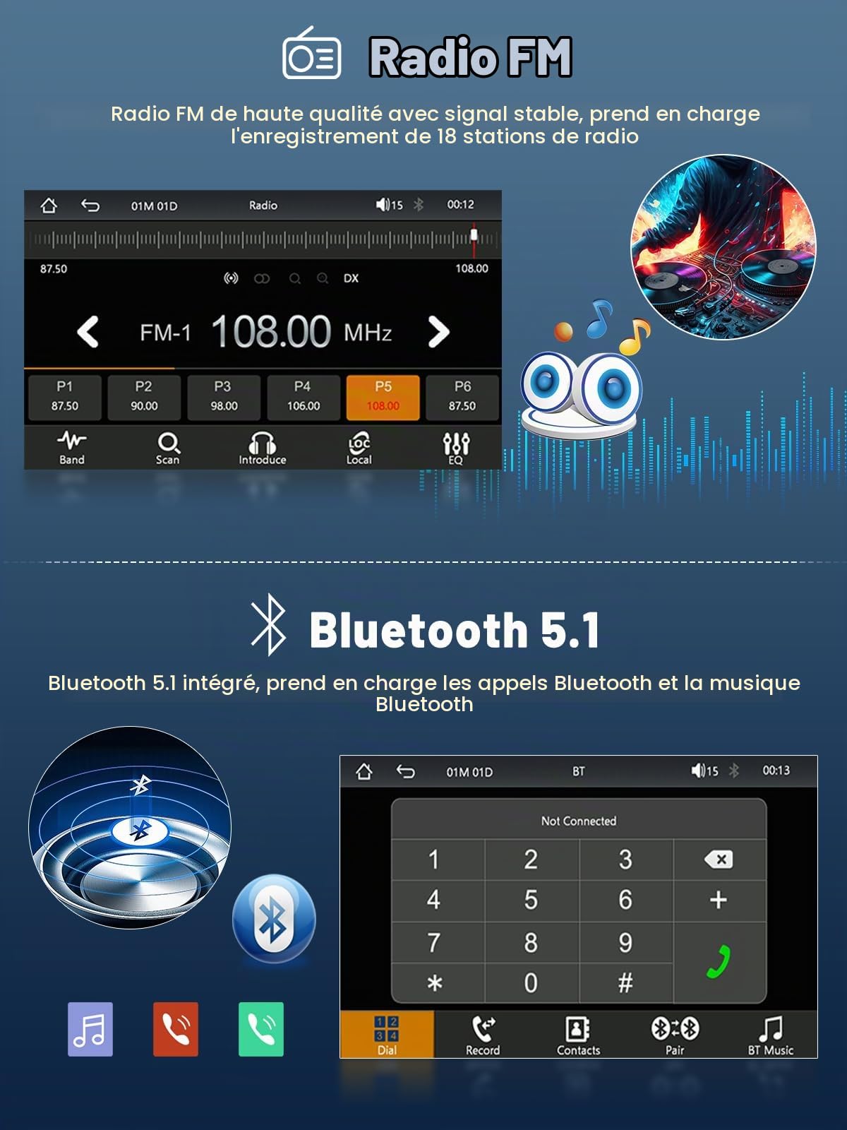 Dab+ Autoradio 1 DIN 7" Wireless CarPlay Android Auto BT