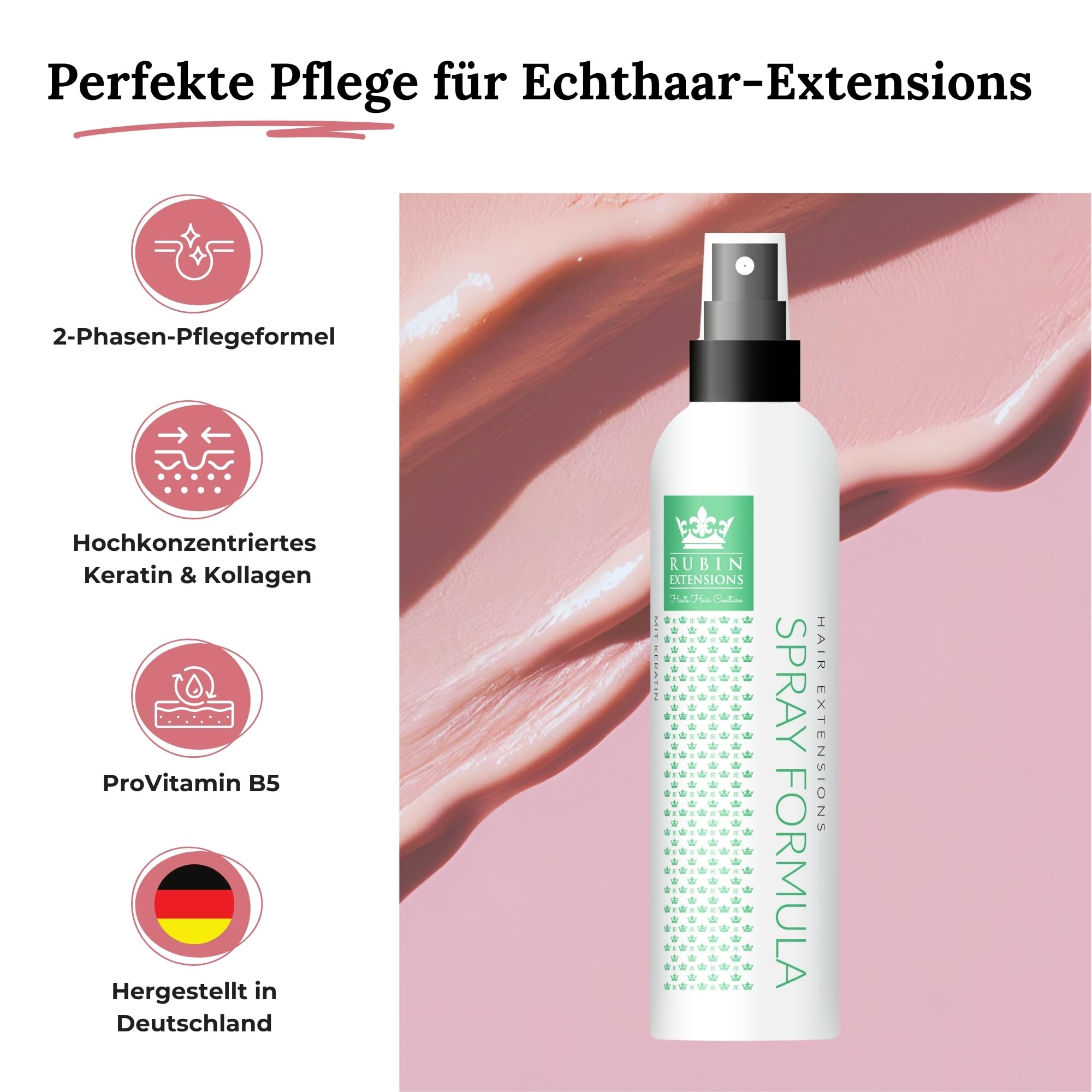 Rubin Extensions Komplett-Pflegeset – Conditioner 200 ml, Shampoo 250 ml, 2‑Phasen Spray 200 ml & Haarserum 50 ml – Extensions Pflege für Haarverlängerungen, Echthaar & Perücken – Sulfatfrei, Keratin