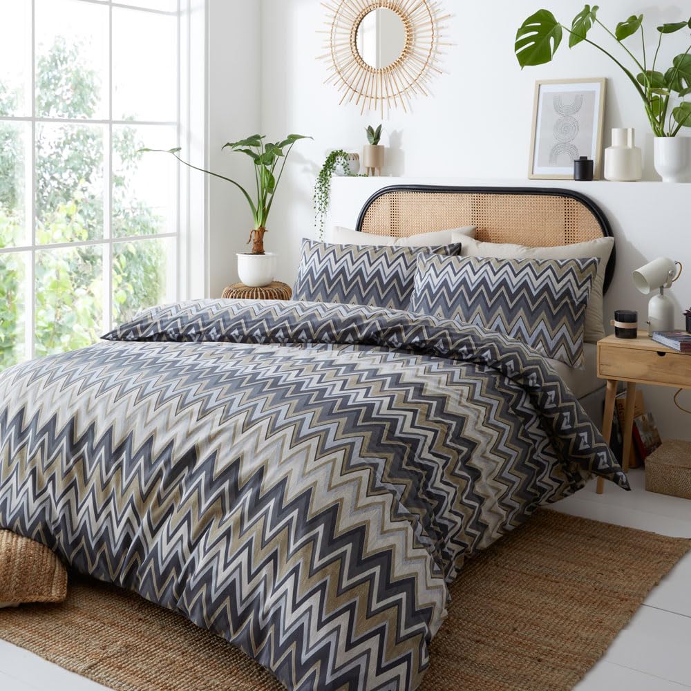 HOMEMAKER BEDDING Bed Set Duvet Cover Pillow Cases Geometric Retro Print (Grey, King)