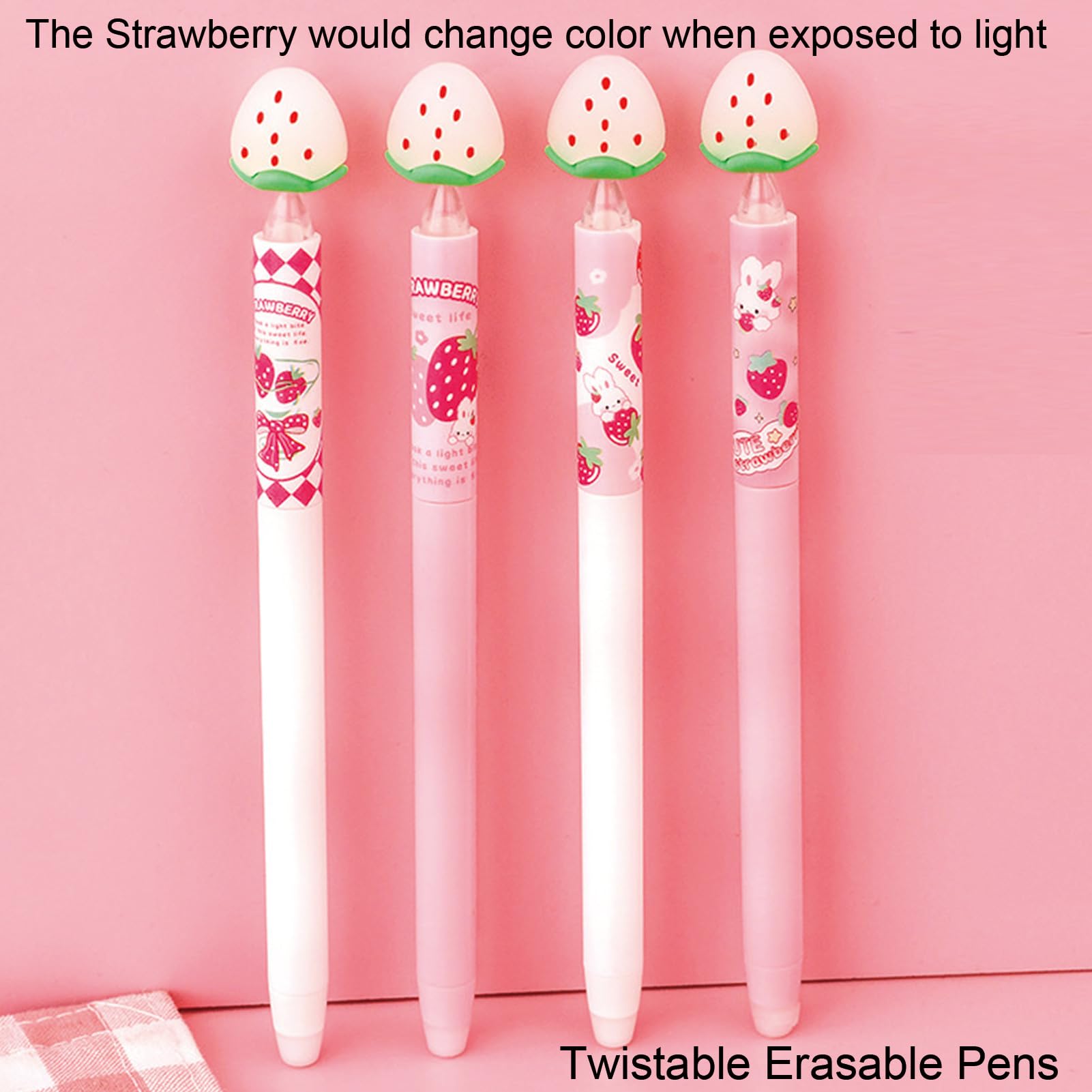 MOZXIRZ Lot de 4 stylos à encre gel effaçables et rotatifs pour femmes, filles, fournitures scolaires (encre bleu fraise) 0,5 mm