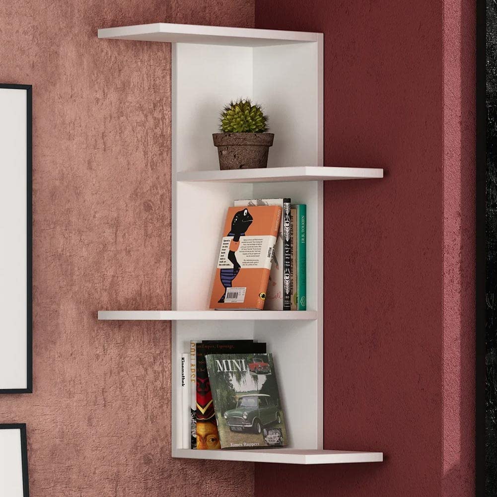 BAKAJI Mensola Scaffale Libreria da Parete Angolare Design Moderno con 4 Mensole Ripiani Angolo Scaffalatura Struttura in Legno MDF Decorazione Muro Arredamento Casa Ufficio 85 x 42 x 42 cm Bianco