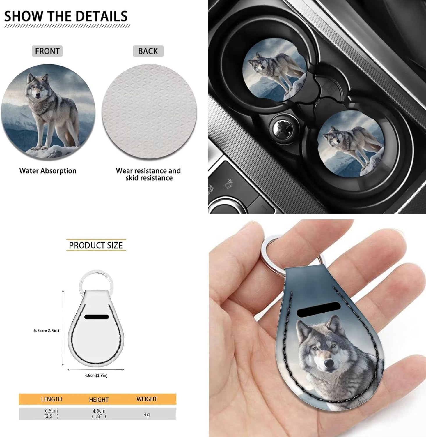 ZFRXIGN Wolf Car Seat Covers for Women Full Set Car Steering Wheel Cover+ Seat Belt Cover+ Cup Holder Coasters+ Keychain Auto Accessories Set Universal Fit Cool Wild Animal Grey