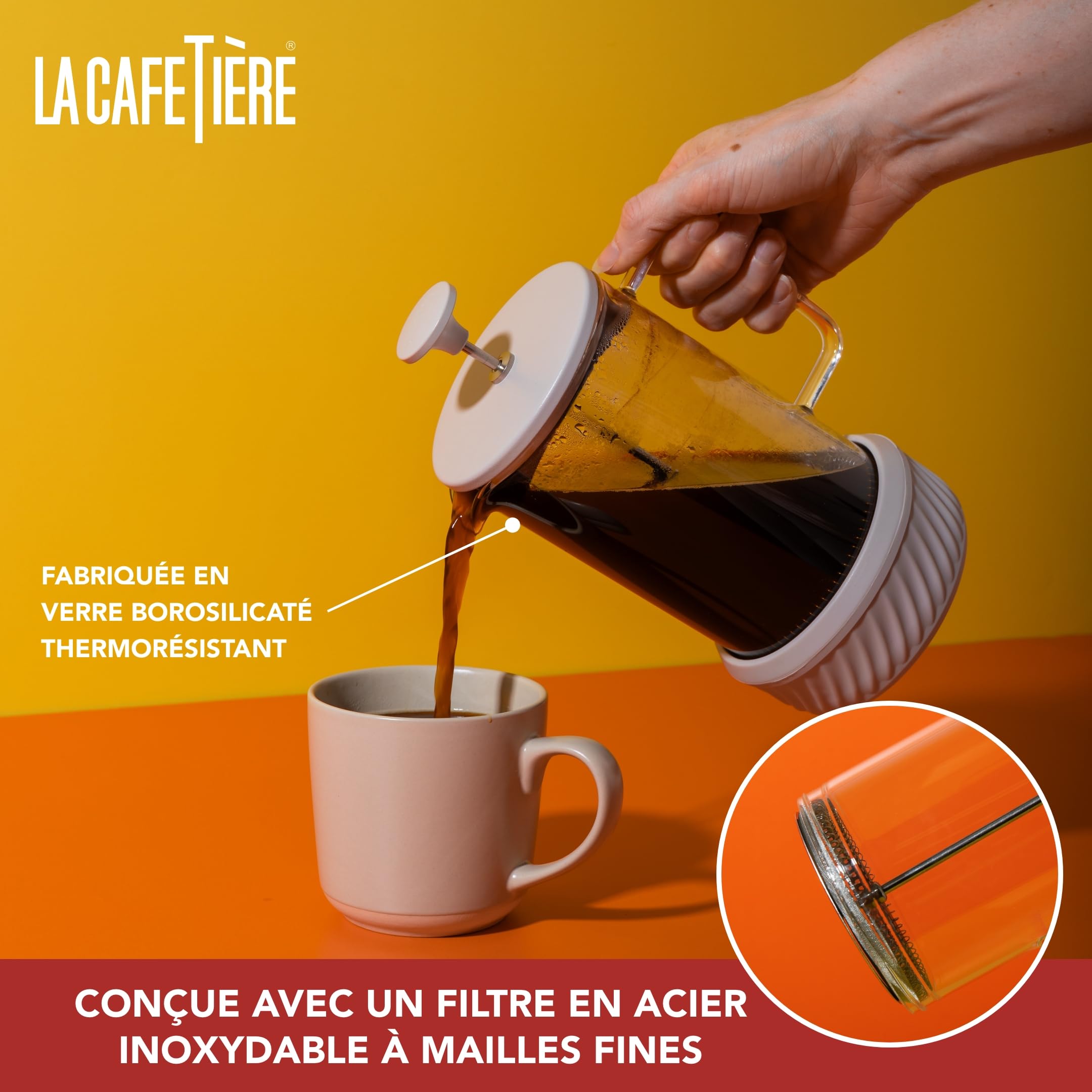 La Cafetiere Zero Cafetière à piston 8 tasses, couleur latte/crème, résistante à la chaleur, poignée en verre et base amovible en silicone, facile à nettoyer, idée cadeau pour amateurs de café