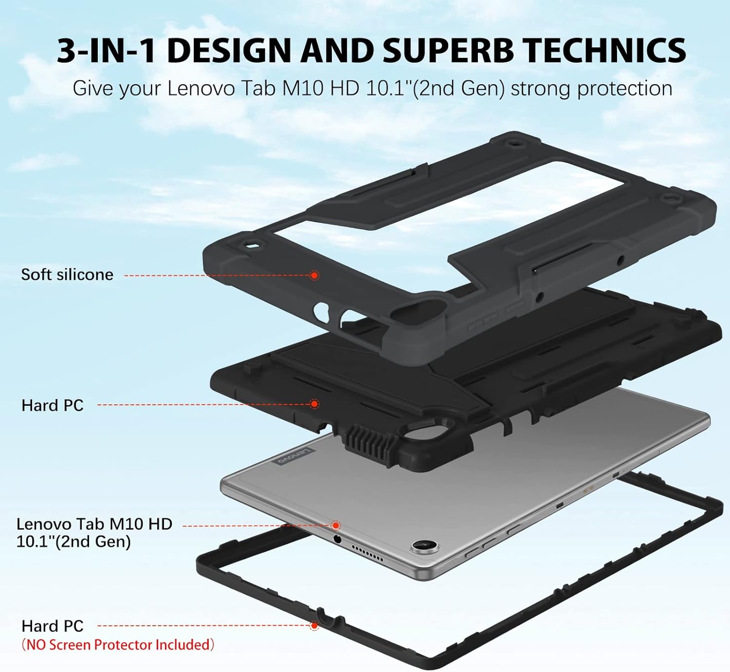 DUEDUE Lenovo Tab M10 HD Case-Kickstand Heavy Duty Cover Shockproof Full Body Protective Tablet Case for Lenovo Tab M10 HD 2nd Gen 10.1 Inch 2020(TB-X306X/TB-X306F), Black - Image 2