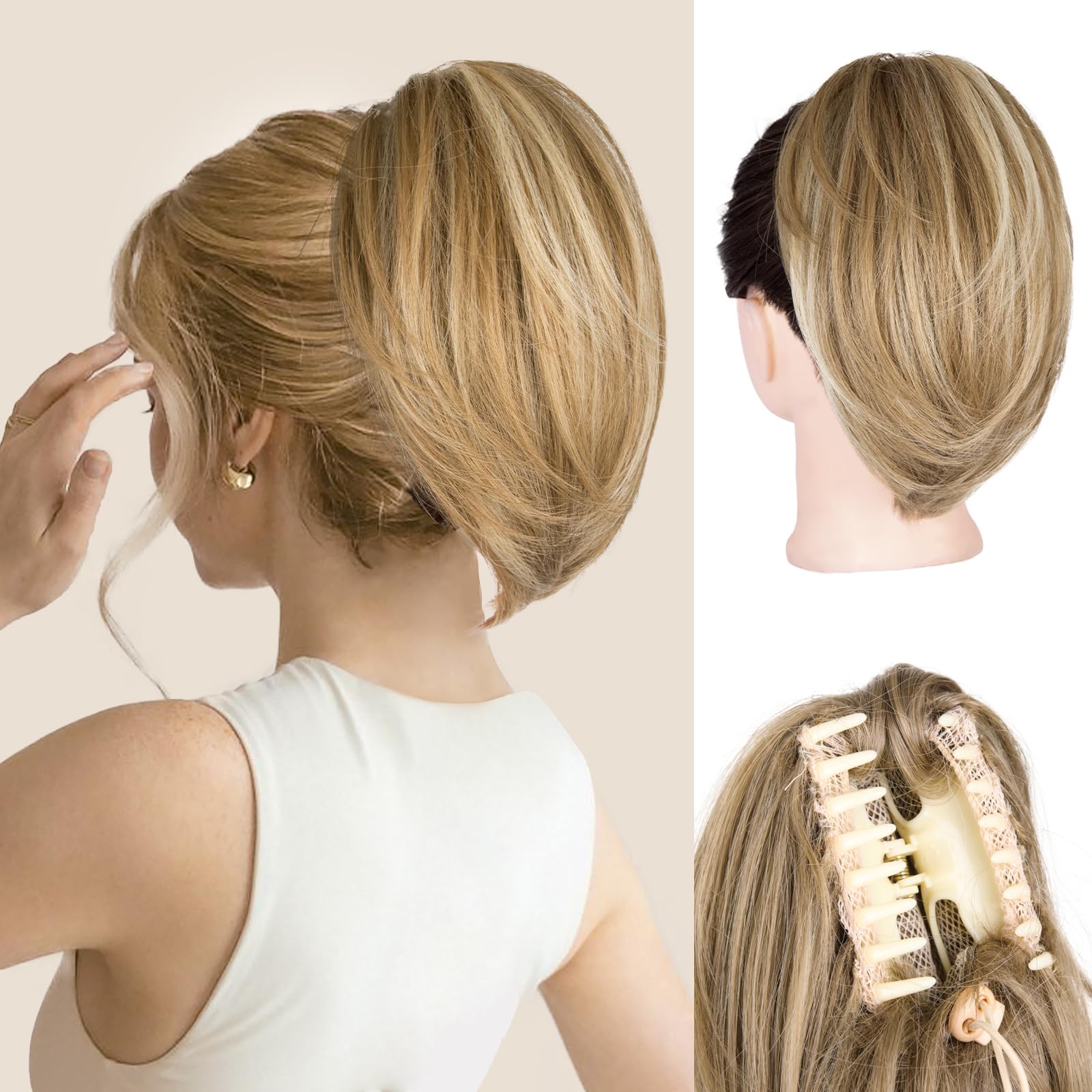 ZQIAN BEAUTY Clip on Ponytails for Women, 10 Inch Short Ponytail Extension Dark Blonde with Beige Blonde Highlights