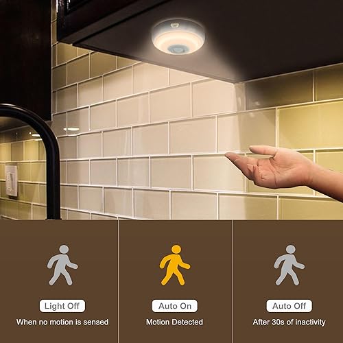 Miniatura 4 de Iluminación inalámbrica para debajo del gabinete, luz de disco con imán para armario, luz blanca cálida con sensor de movimiento para interiores,