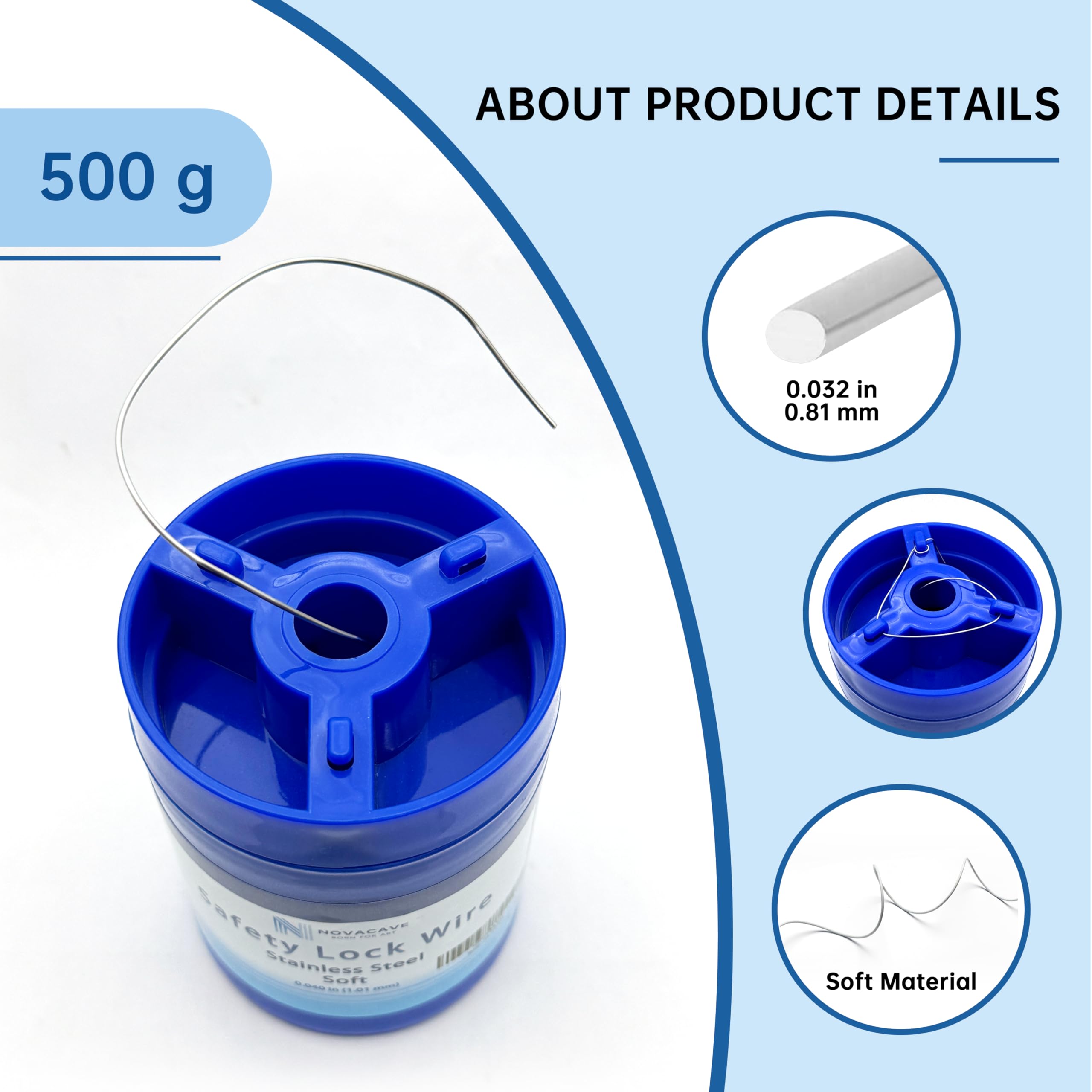 Alambre de bloqueo de seguridad de acero inoxidable 304, 0.032 pulgadas (0.81 mm), lata dispensadora de 1 libra, 408 pies