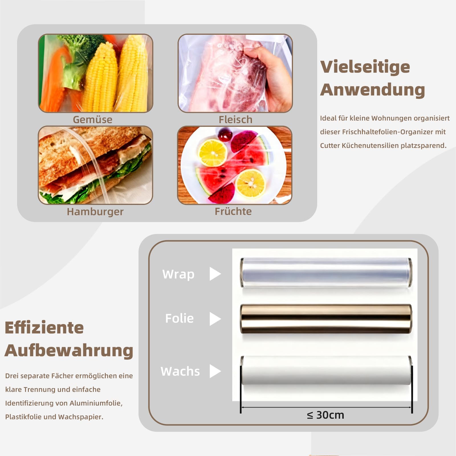 Distributeur de Film Alimentaire 4 en 1 avec Support pour Essuie-Tout Organiseur Mural pour Papier Aluminium,Film Plastique et Papier Ciré,Rangement Polyvalent avec Rouleau-Holz