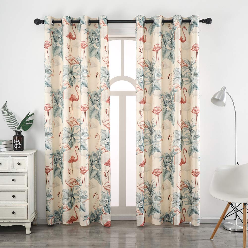 Autumn Dream White Blackout Curtains Drapes Leaves Flamingo Grommet Top Farmhouse Floral Curtains for Living Room,Bedroom,1 Panel, 52by96 inch