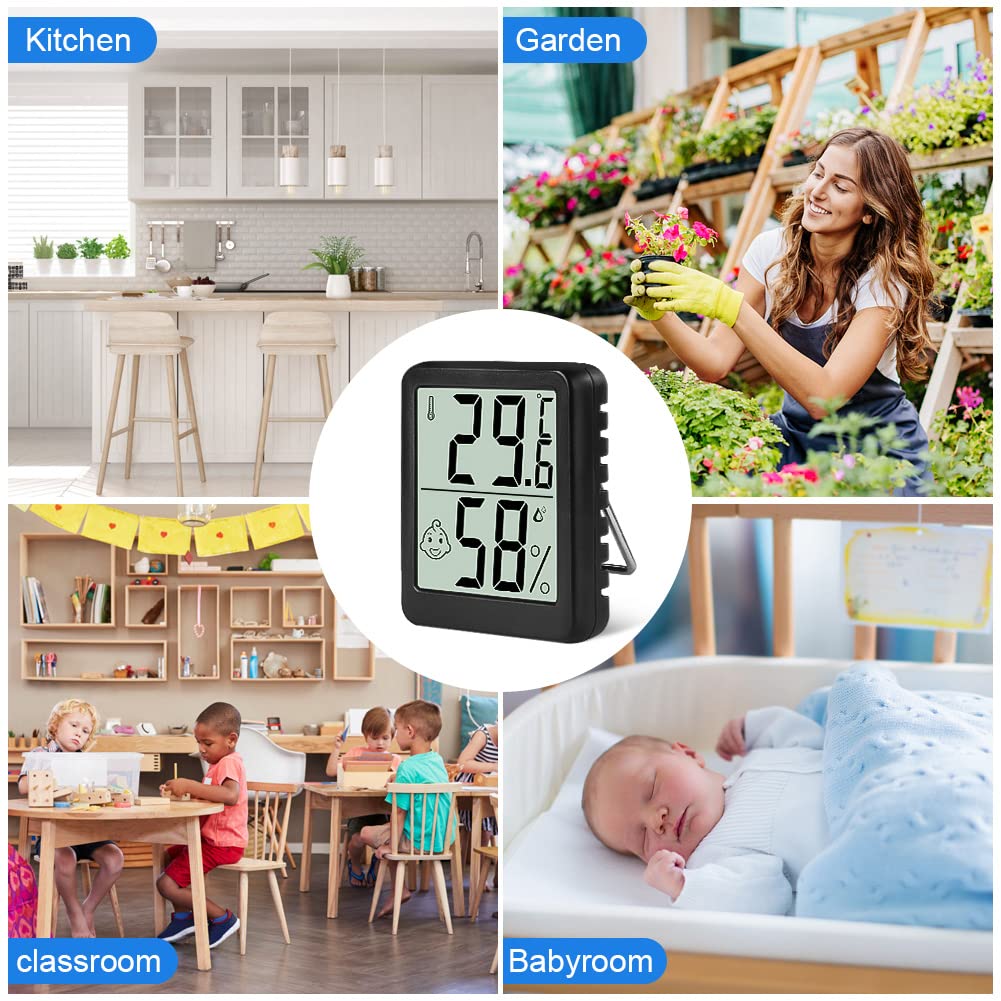 Flintronic Thermometer Hygrometer, 4PCS Digital Mini Thermometer and Hygrometer with Metal Stand, Thermohygrometer with Smile Face Indicating Data for Indoor, Living Room, Baby Room, Office (Black) — view 7