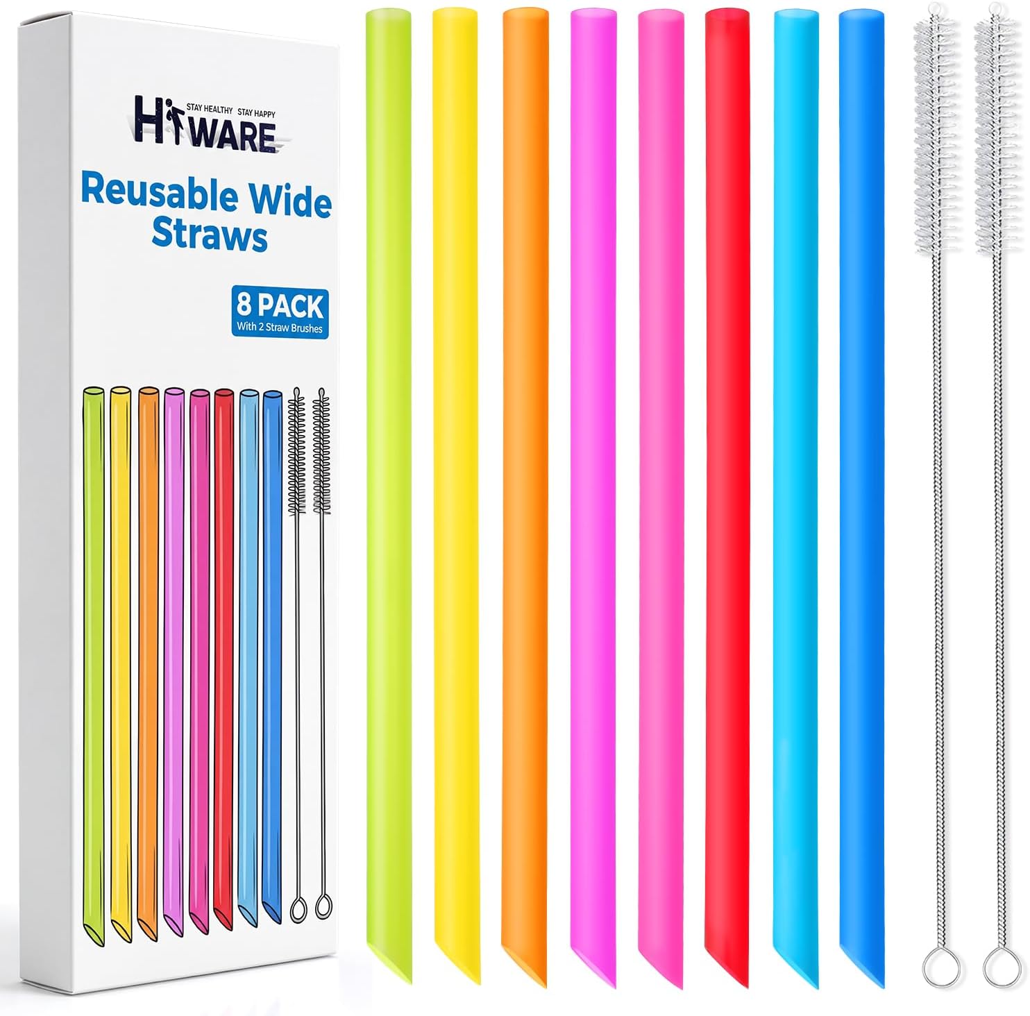 8 Pcs Multi Colors Angled Tips Reusable Boba Straws/Smoothie Straws with 2 Cleaning Brushes - Extra Wide, BPA Free Plastic, 10.5" Long, 0.4" Inner Diameter, 10 Pcs