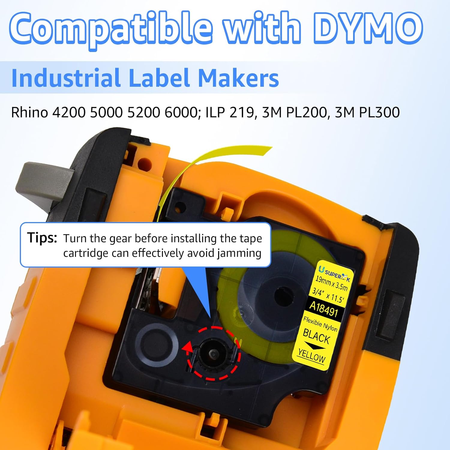 USUPERINK 10 Pack Compatible for Dymo Rhino Industrial Flexible Nylon Labels 18491 Black on Yellow 19mm Label Tape 3/4" x 11.5' for Wires Cables for Rhino 4200 5200 5000 6000 Label Maker