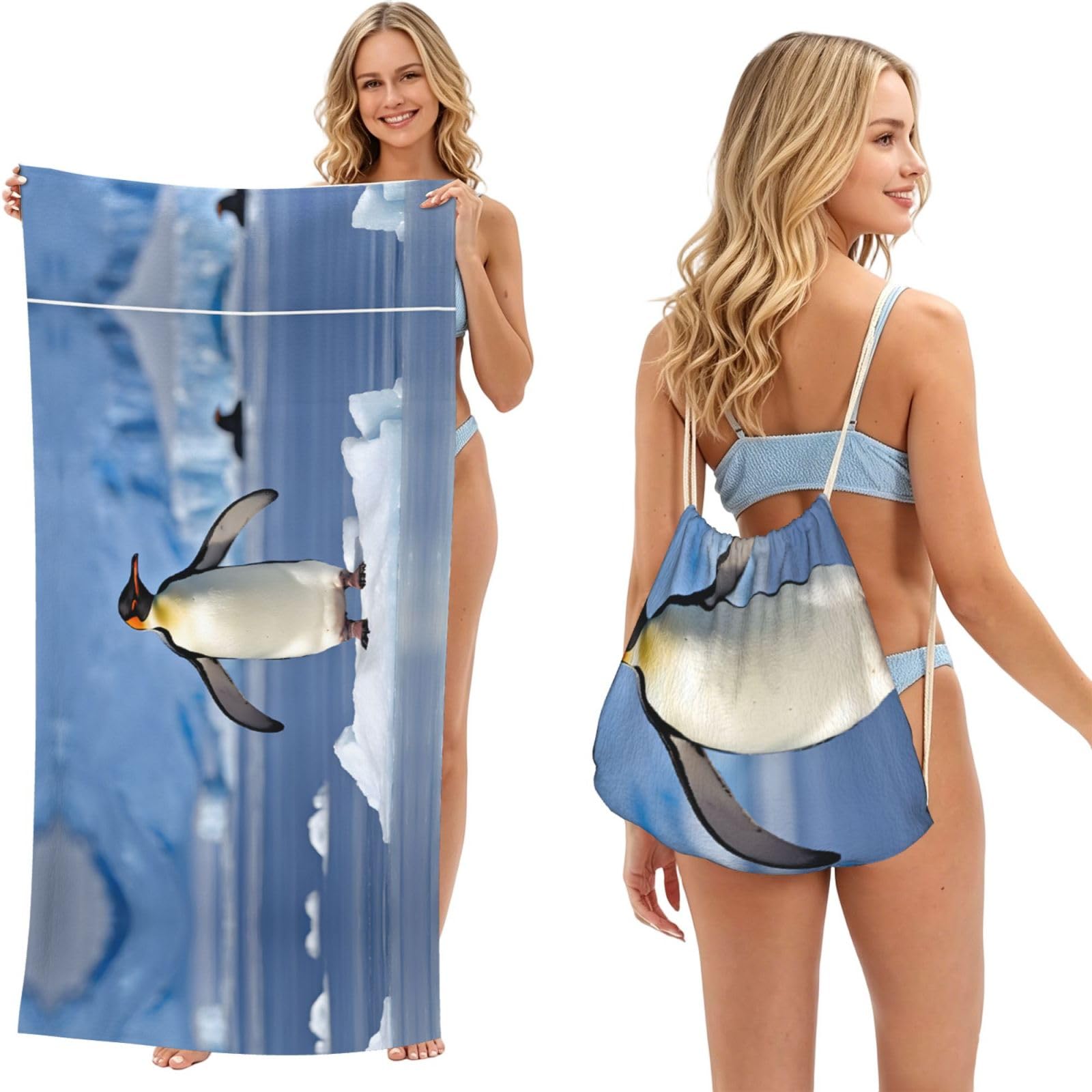 ESNAIUVCD Cute Penguin Print Beach Towel For Adults,Towel With Drawstring Bag, Travel Pool Swimming Sports Shower Sand Free Quick Dry Bath Towel For Pool, Beach, Yoga- 180x60cm