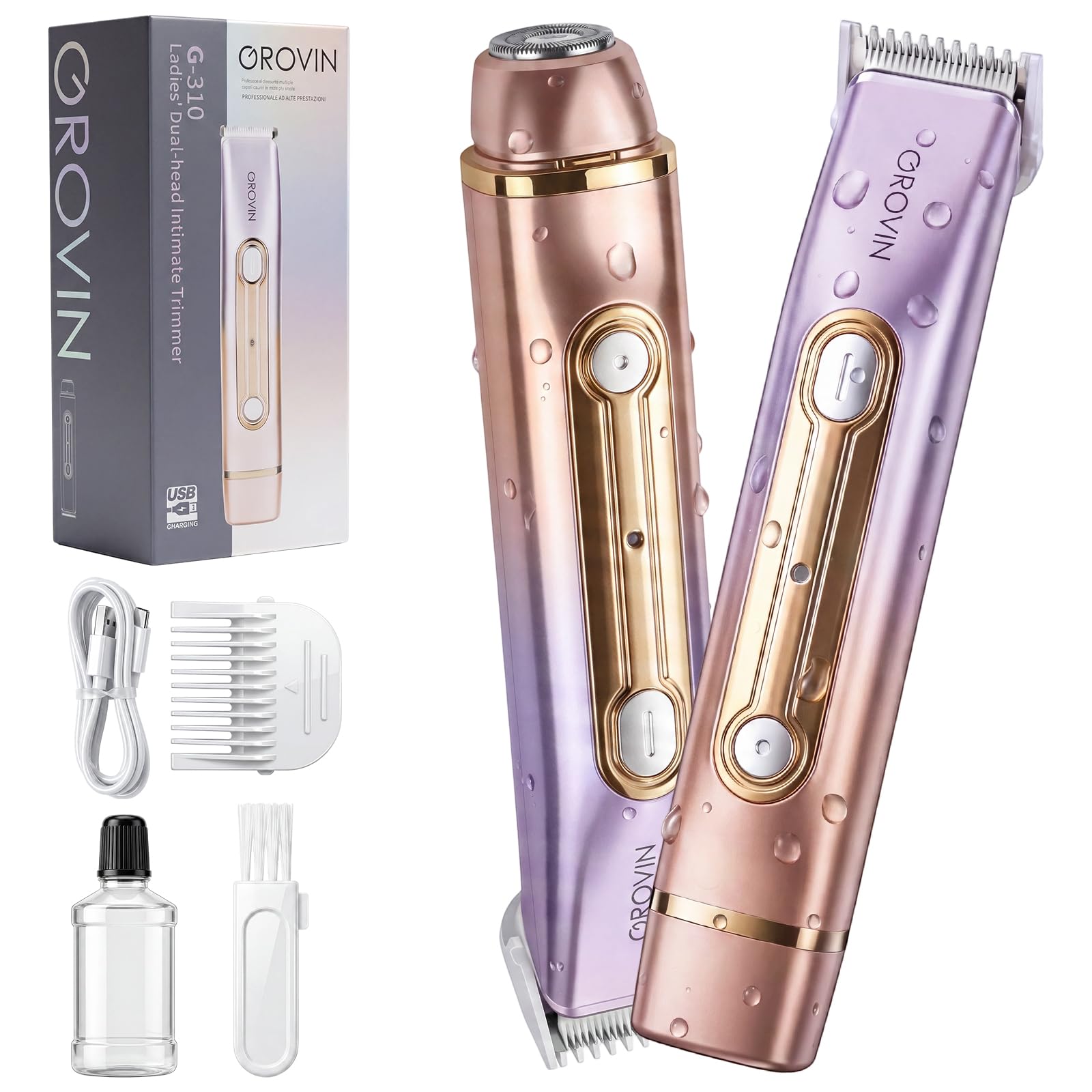Bikini Trimmer for Women- 2-in-1 Electric Razors for Women, IPX6 Waterproof Bikini Shaver with Ceramic Blade, Dual Head Body Hair Trimmer for Underarm, Face, Legs