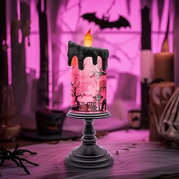Halloween Snow Globe Candle with Pink Graveyard Scene LED Flameless Candle with Water Glitter Swirls, Battery Operated Light Up Halloween Decoration for Indoor Tabletop or Mantel