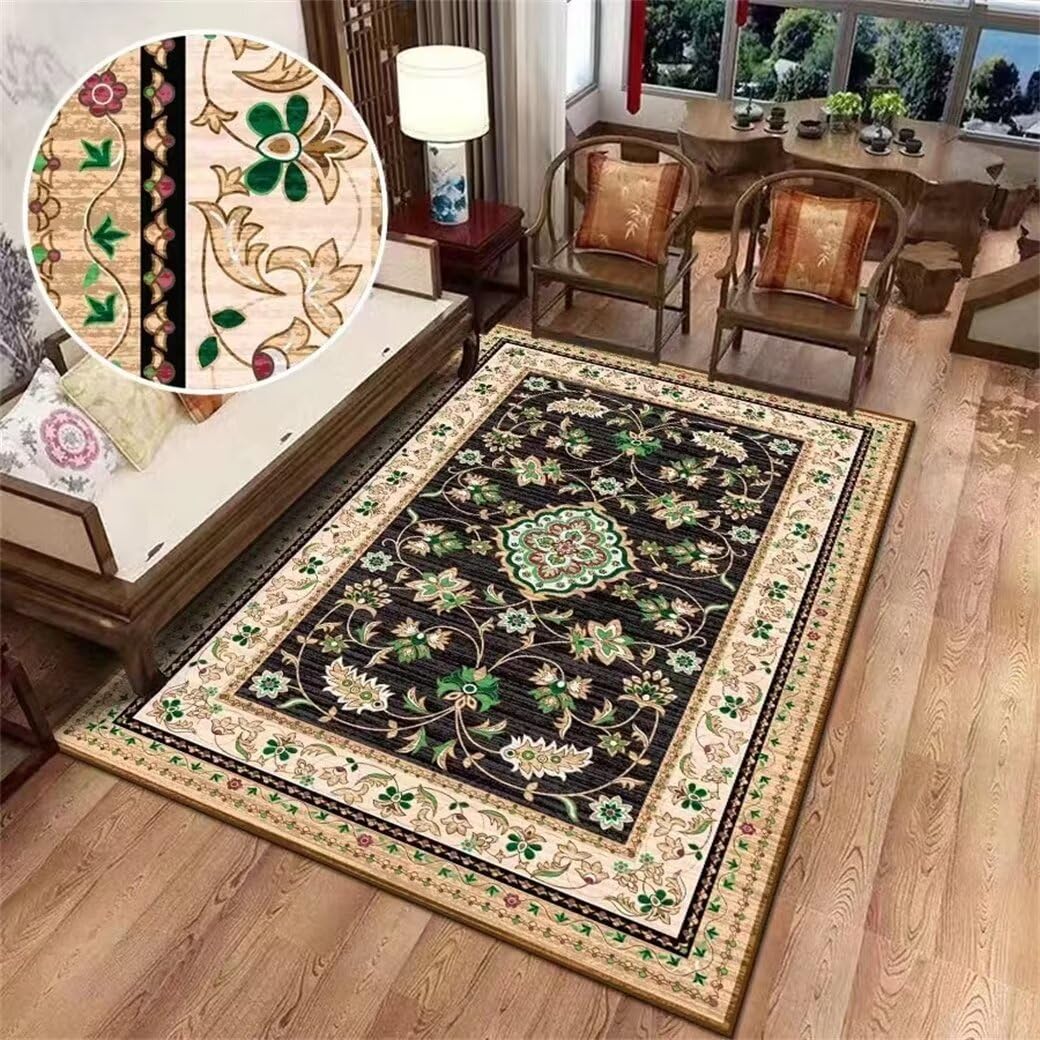 Tapis ados 200x250cm vert à motif floral vintage grand format