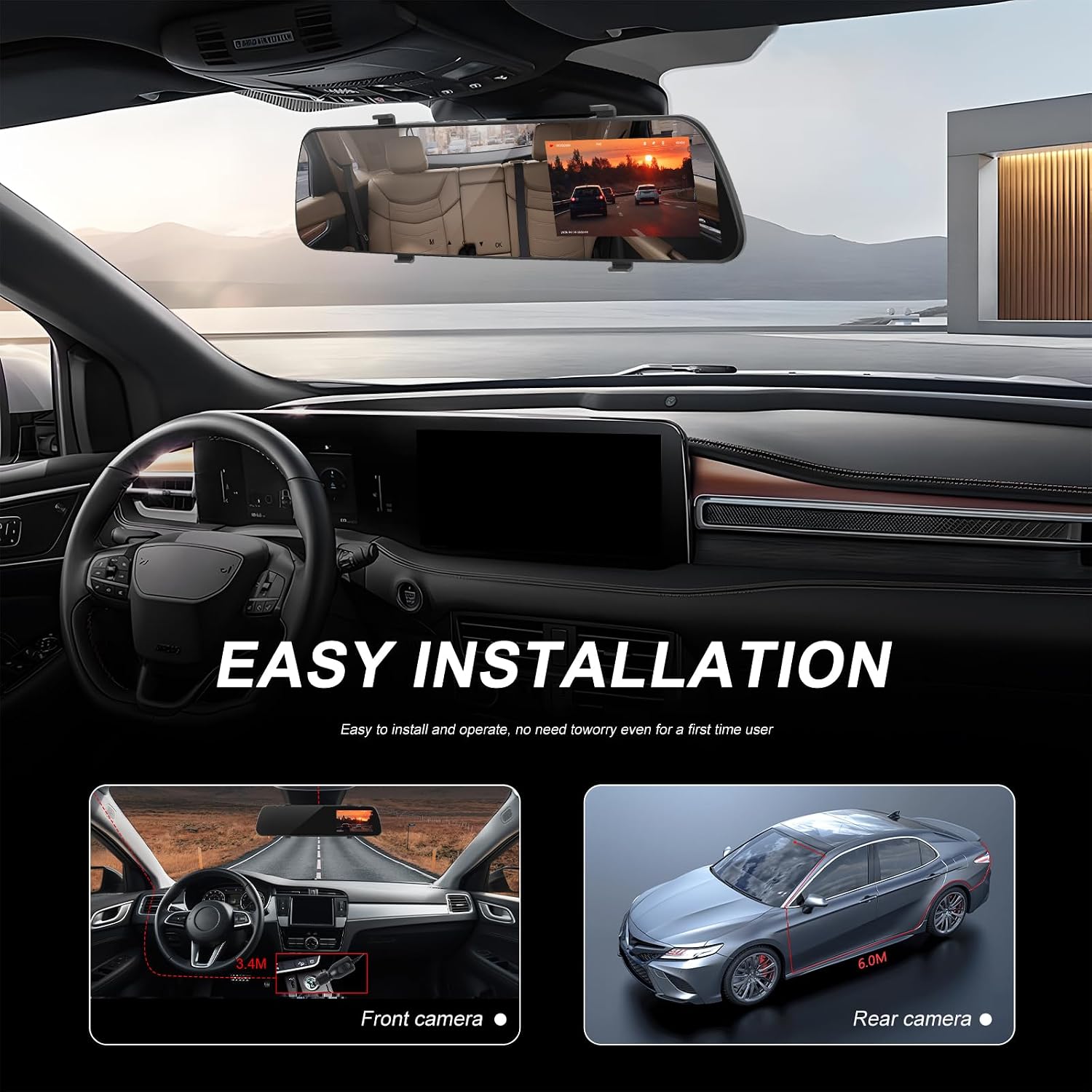 Mirror Dash Cam Front and Rear Dash Car Camera 4 inch 1080P IPS Screen Rear View Mirror Dash Cam Mount with Loop Recording Motion Detection Reverse Assistance