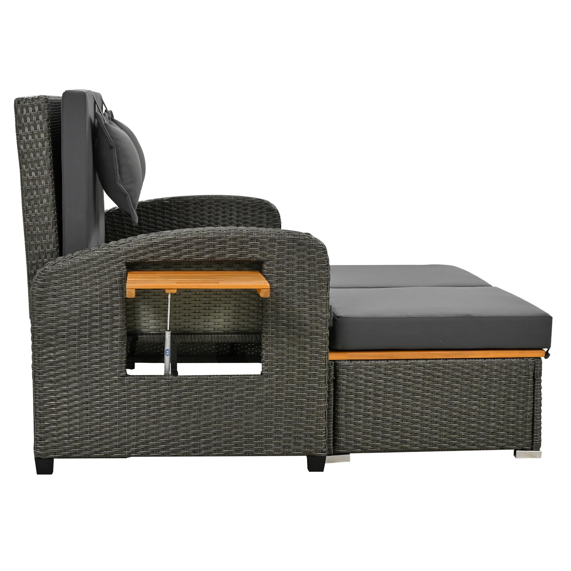 Juego de 2 sillones de jardín de ratán gris con respaldo ajustable y pie de apoyo con reposapiés o cama al aire libre con cojín de respaldo y cojín de asiento