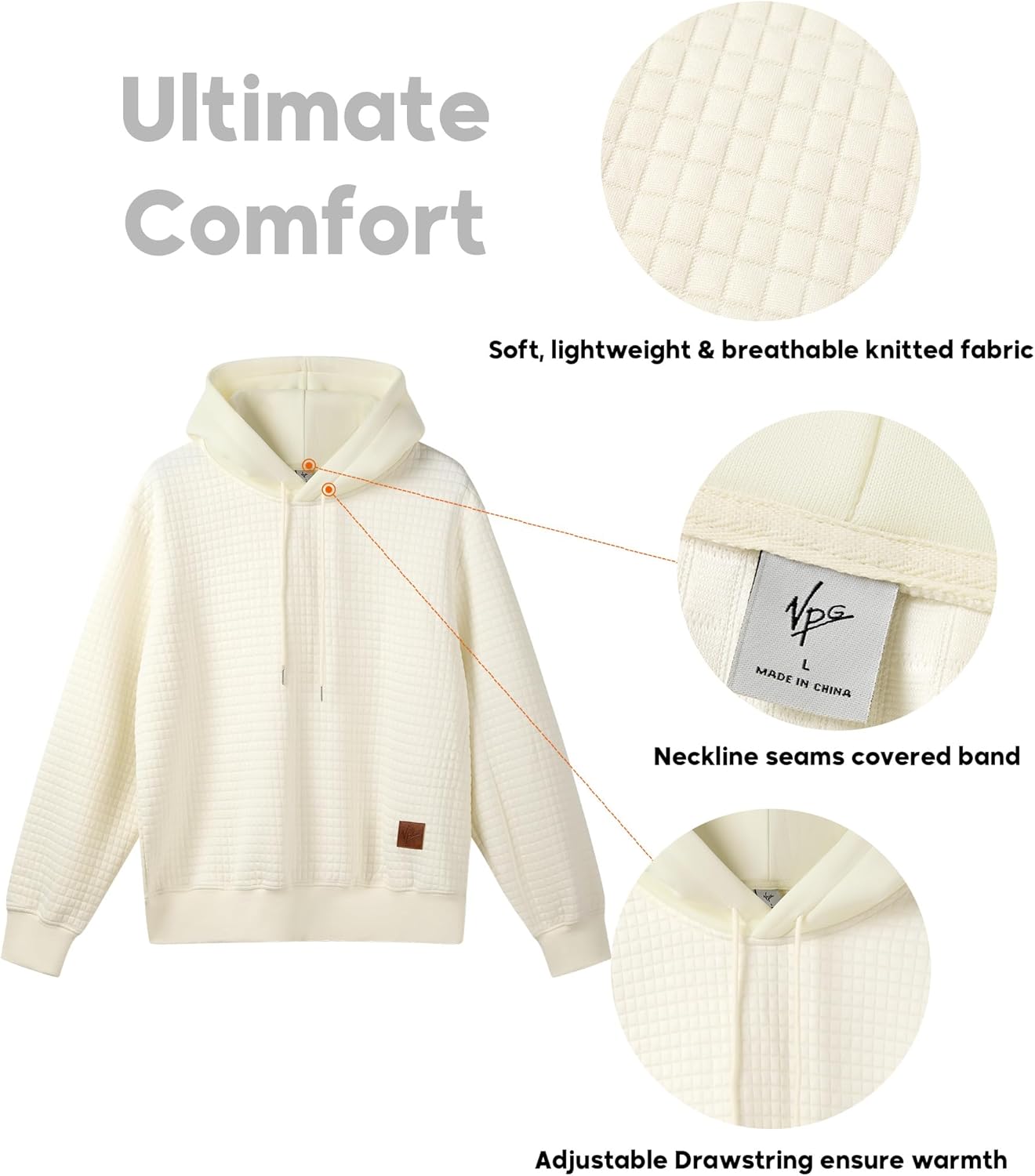 VPG Mens Hoodies, Waffle Long Sleeve Pullover Sweatshirts Knit Casual Drawstring Hooded Sweatshirt - Image 4