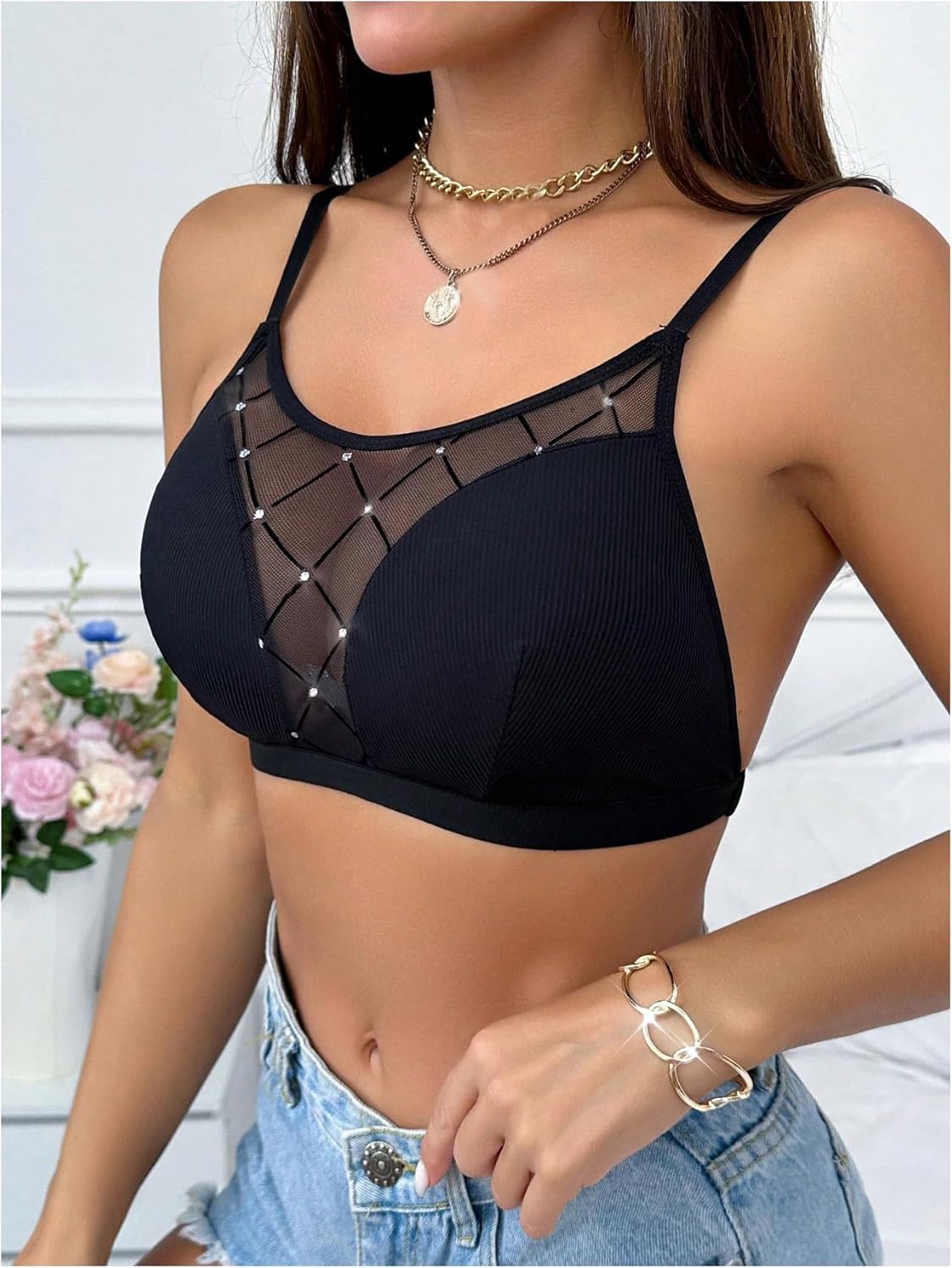 OYOANGLE Women's Rhinestone Mesh Seamless Bras Wireless Bralette Comfortable Low Back Sexy Bras - Image 3