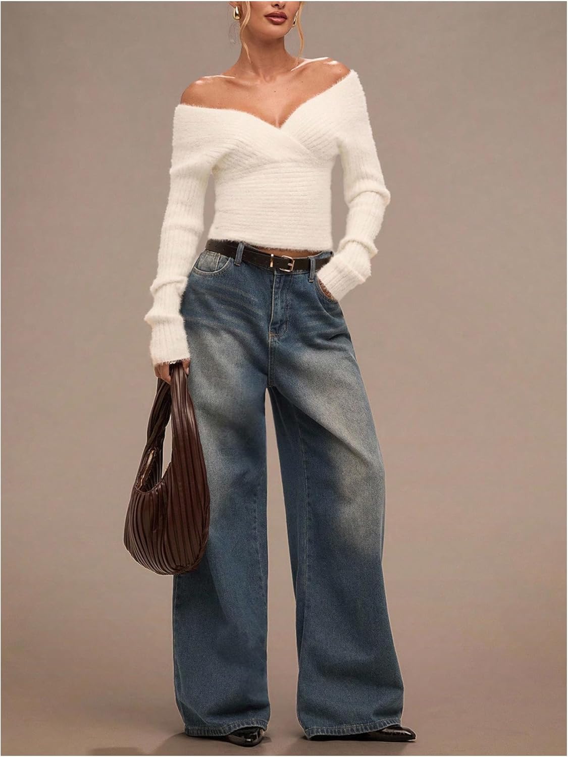 MakeMeChic Women's Elegant Off The Shoulder Business Sweater Winter Long Sleeve Wrap Knit Tops - Image 6