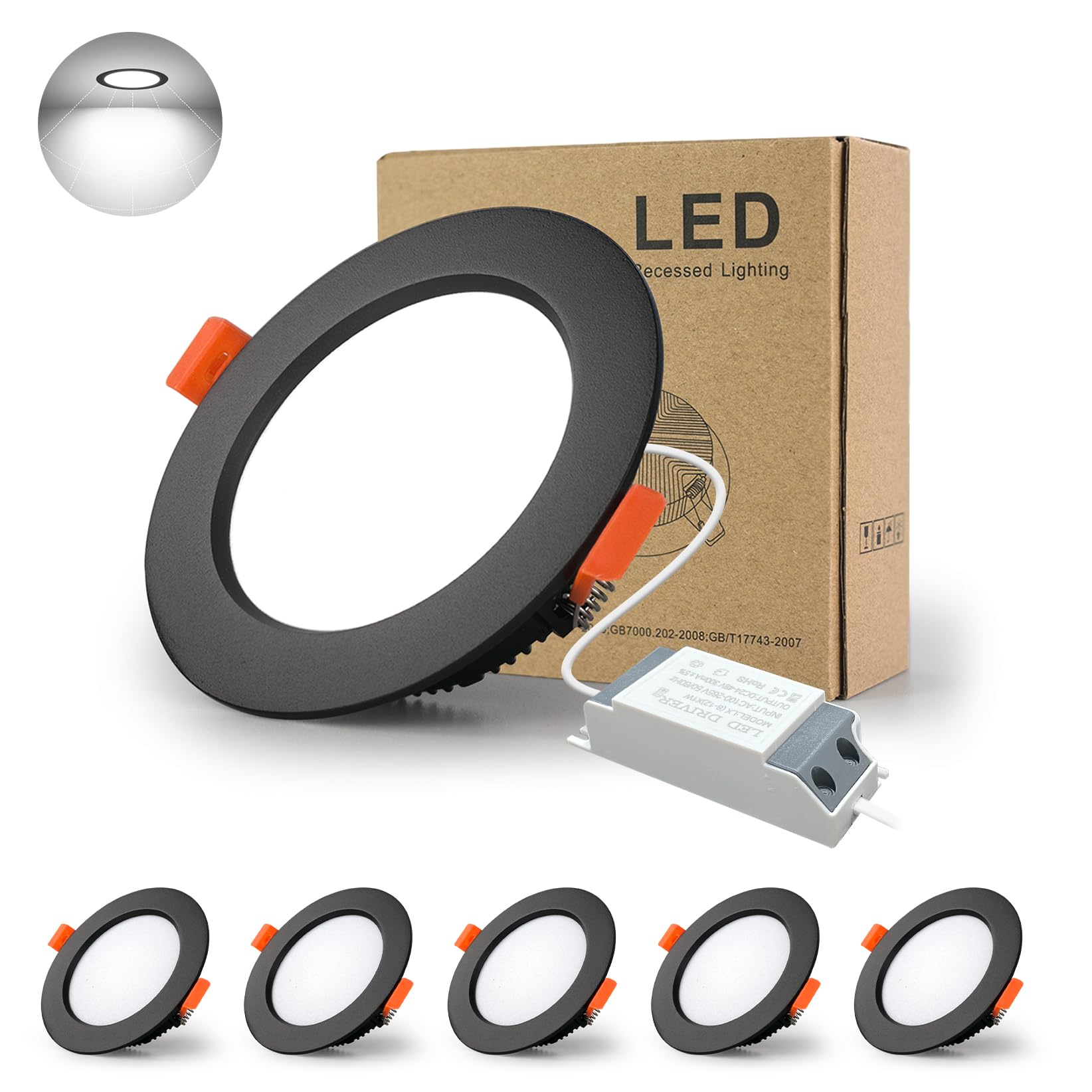 BAGZY Downlight Led Negro Techo Empotrable, 5x 5W Foco techo Redondo=50W (500 LM) 6000K (Luz Blanco Frío), IP44,Recorte 70-80mm, AC 220-240V,Foco de Techo Ultraplano para Dormitorio,Baño,Cocina