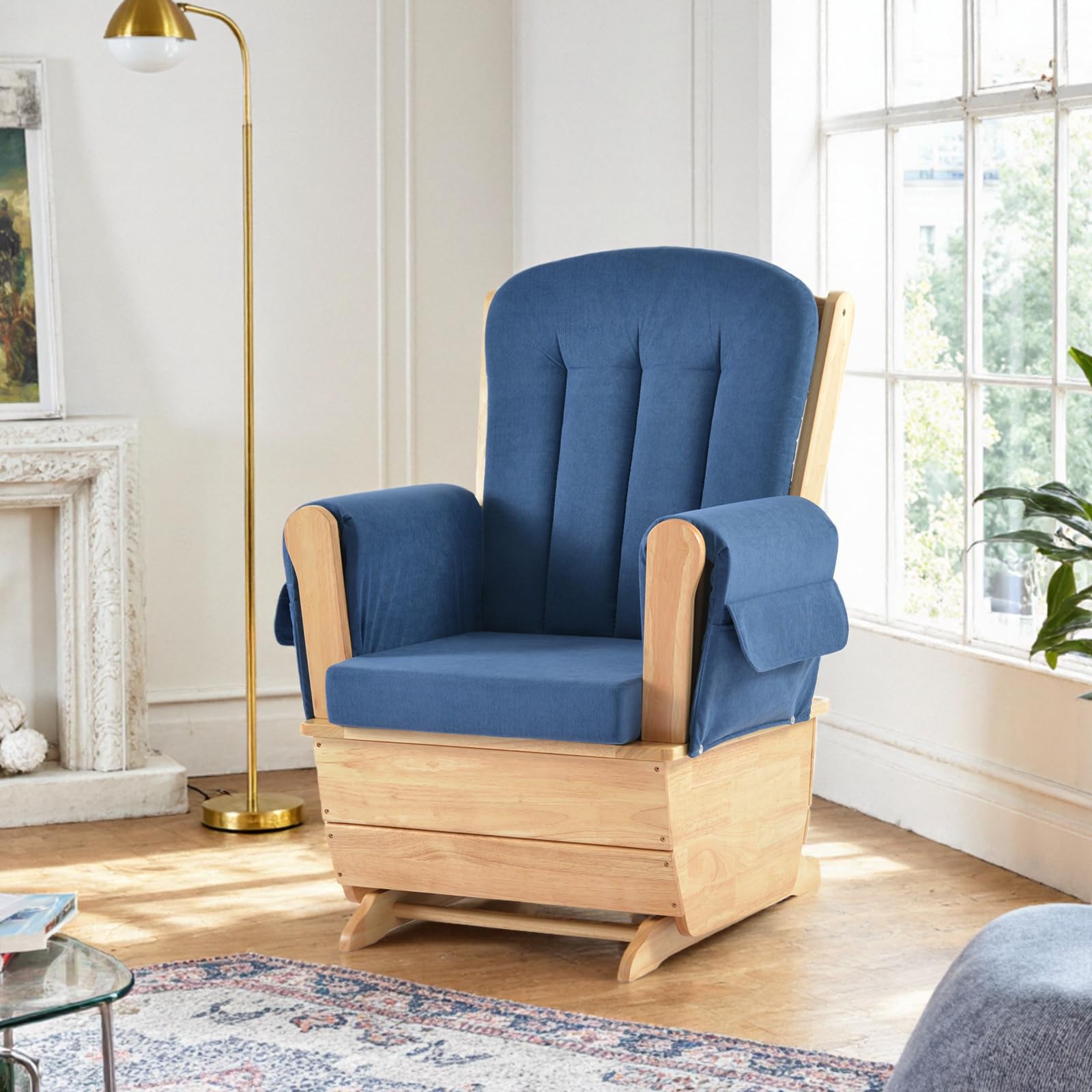 Modern Solid Wood Glider Rocking Chair with Blue Water-Resistant Fabric Cushion, Quiet Gentle Rocker for Living Room, Nursery and Reading