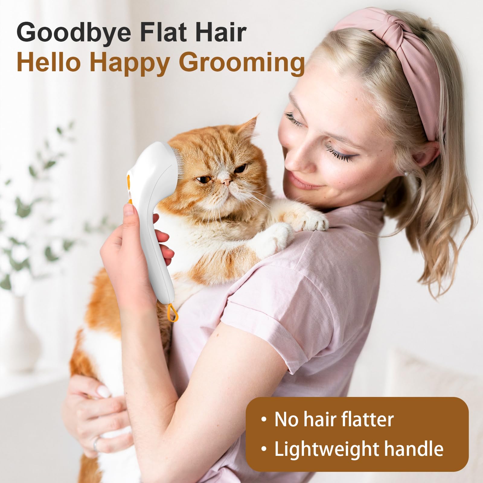 Euqvunn Brosse Vapeur pour Chat avec Bouton de Déverrouillage, [Design Ultra-Silencieux/Poignée Confortable] Brosse Chat Vapeur Brosse Chien Vapeur Rechargeable pour Chats, Chiens, Lapins(Jaune)