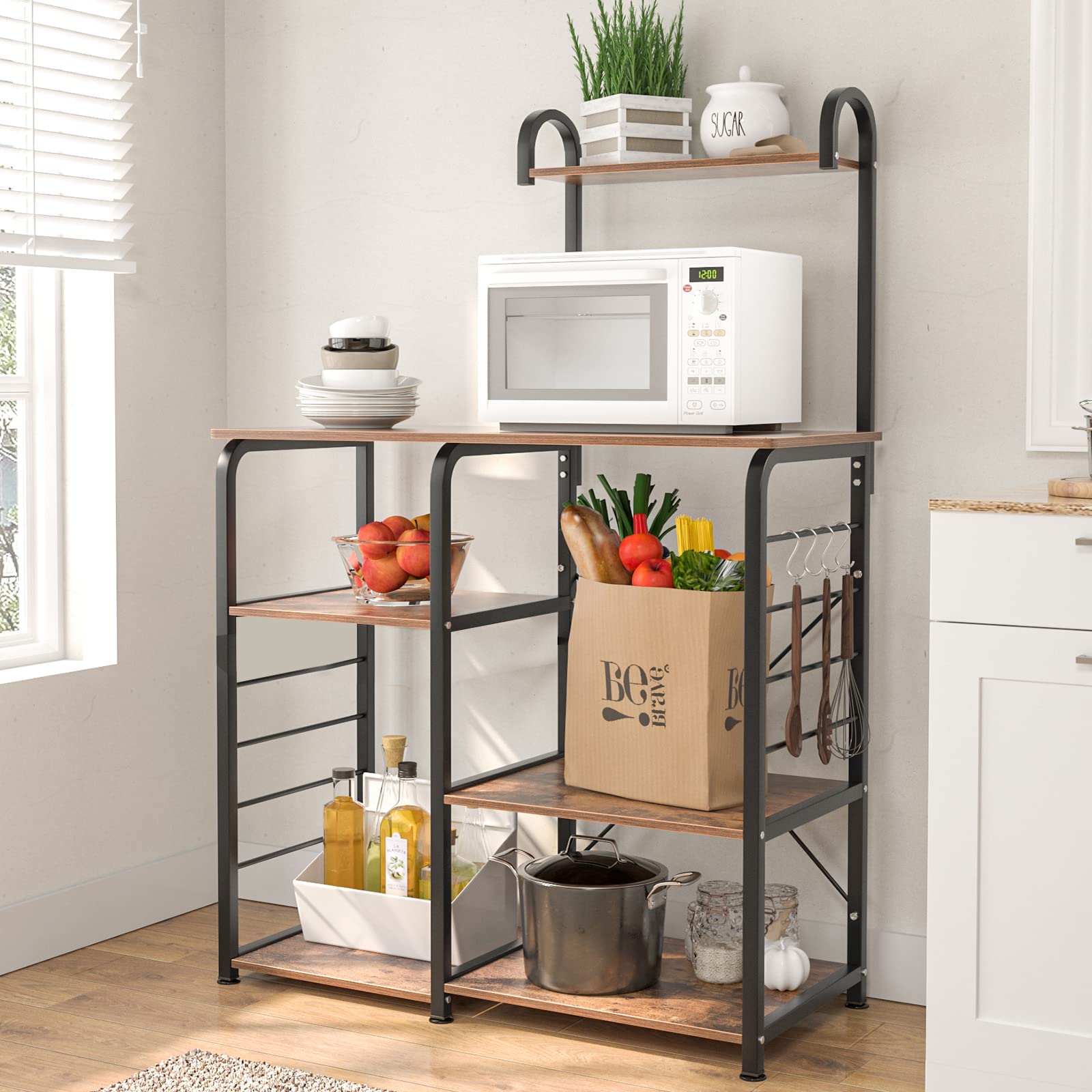 Kitchen Bakers Rack With Power Outlet & Drawer - Adjustable Shelf Microwave Stand, Mini Fridge Cabinet
