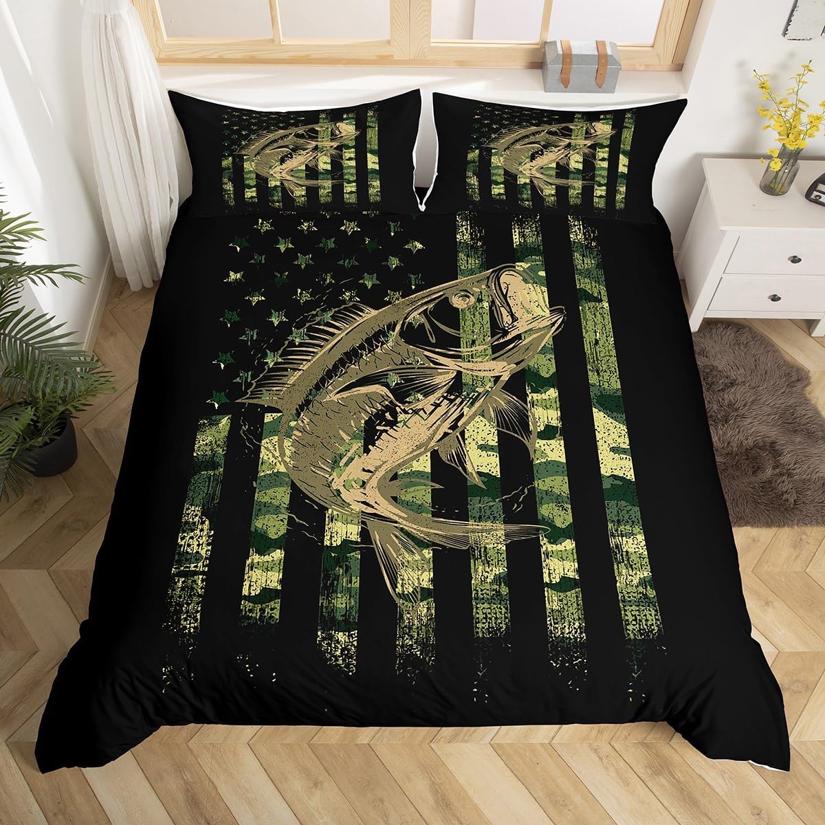 Bass Fish Camouflage Bedding Set King Pike Fish Camo Duvet