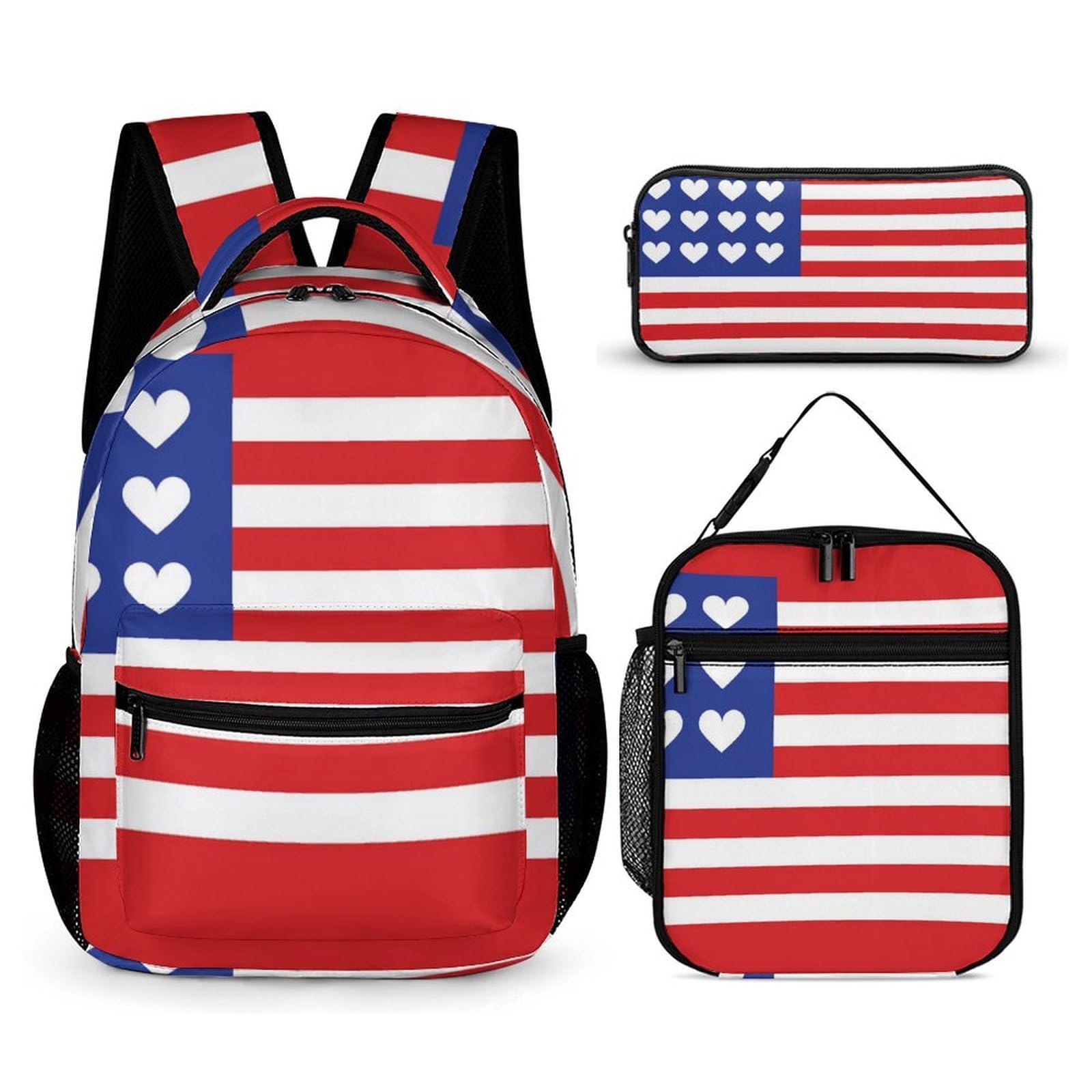 Sac à dos léger avec boîte à lunch, trousse de maquillage et rangements (rouge, bleu, blanc, américain)