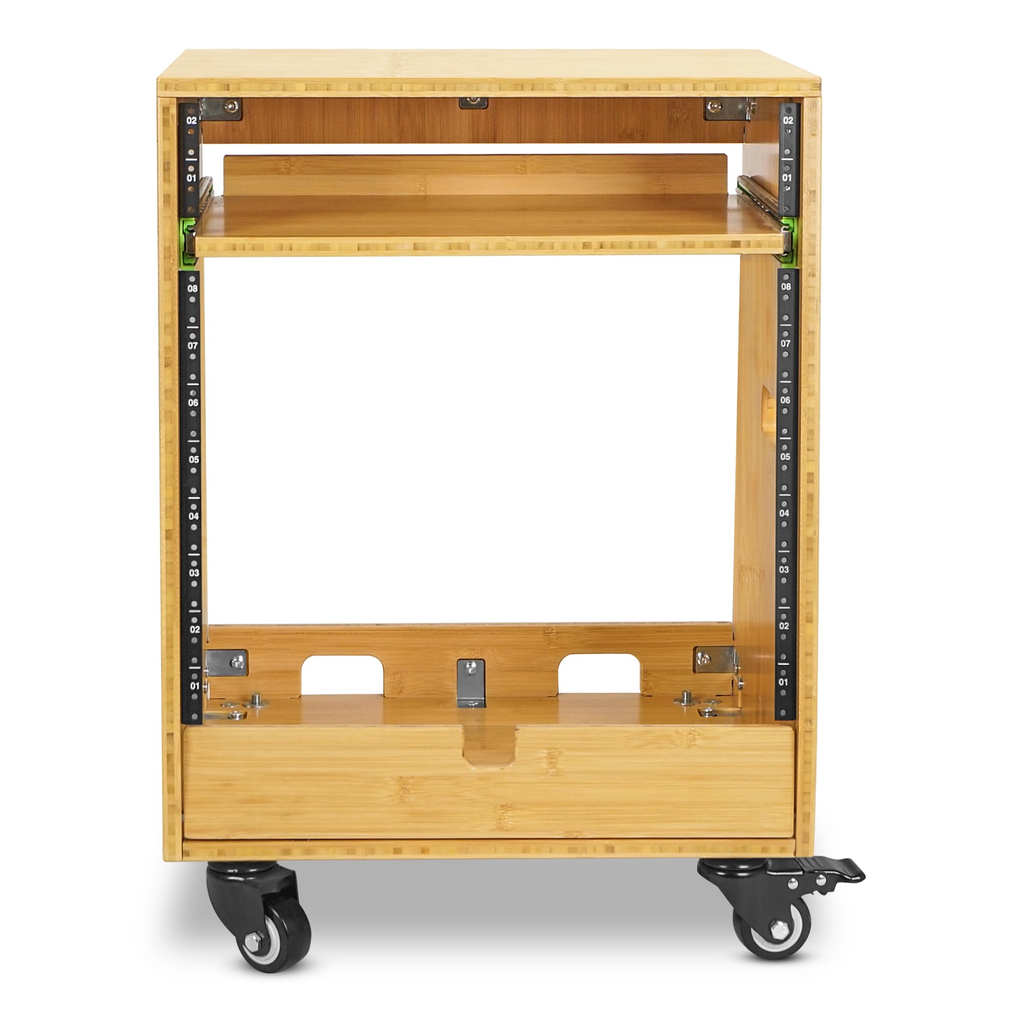 Sound Town DIY Solid Carbonized Bamboo Slanted 10U Studio Rack (2U Top + 8U Lower), with 2U Bottom Storage, Slide-Out Tray, Caster, For Recording Room, Home Studio (STBR-ST10T)