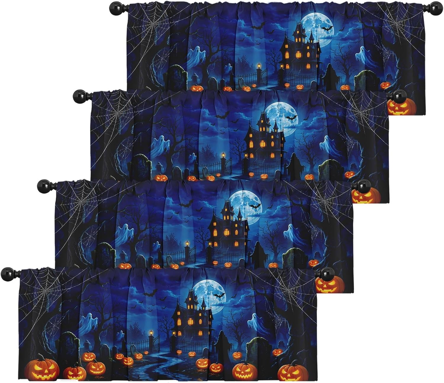 Valances for Windows, 4 Pack, 52x18 Inch, Halloween Gothic | Pumpkin Witchy Horror Rod Pocket Cafe Curtain Drapes for Living Room Bedroom Bathroom Kitchen Over Sink Decor
