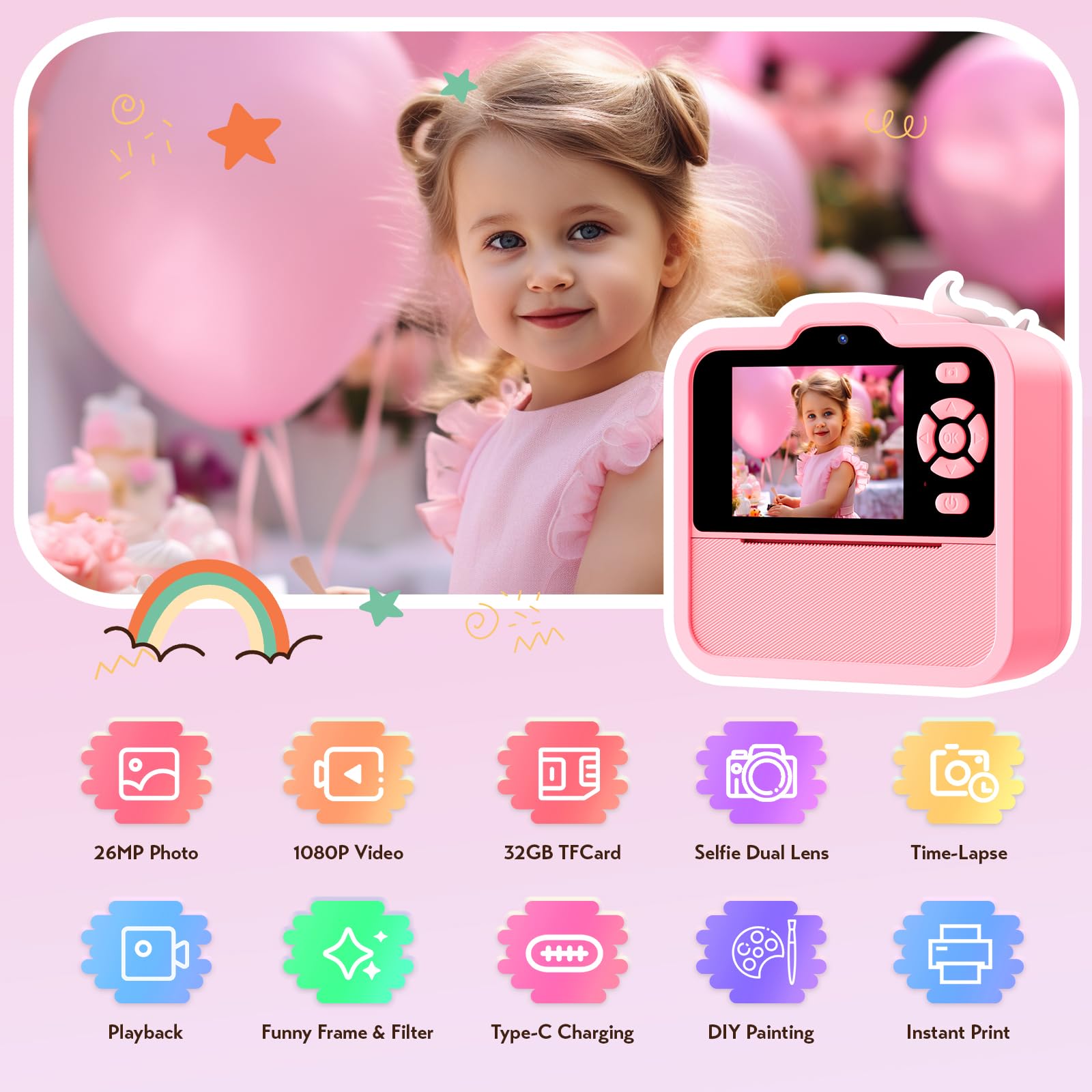 Macchina Fotografica Bambini Istantanea, 2,4 Pollici 1080P Fotocamera Bambini Selfie Giocattolo Regalo di Natale Bambino e Bambina 3 4 5 6 7 8 Anni, 32GB Scheda