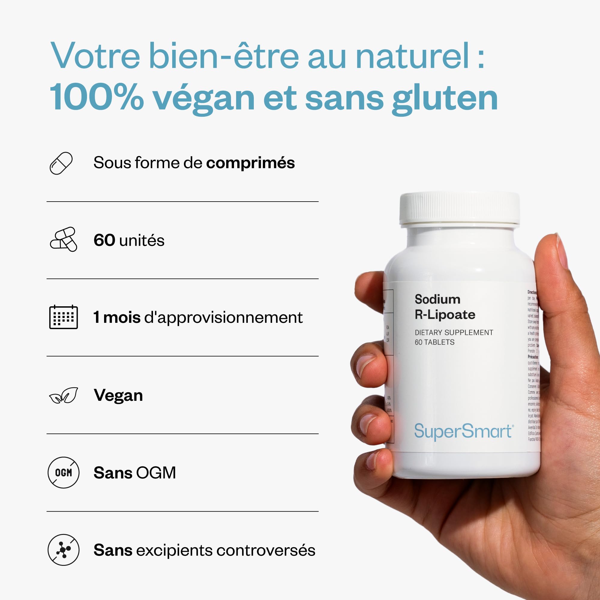 Supersmart - Sodium R-Lipoate (Sel de Sodium de l’Acide R-Alpha-Lipoïque) - Antioxydant | Sans OGM - 60 Capsules Végétariennes