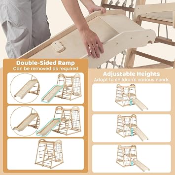 COSTWAY Indoor Climbing Frame for Toddlers, 8 in 1 Wooden Jungle Gym with Double-sided Ramp, Monkey Bar, Swing, Rope Ladder, Climbing Ladder & Net (Natural)