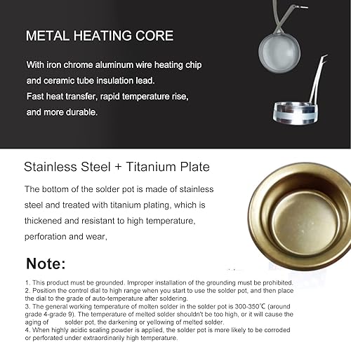 Miniatura 7 de Olla de soldadura 300 W 3.937 in Soldadura Olla de fusión Soldadura Desoldadora Placa de baño 200 ~ 842.0 °F (enchufe de 110 V EE. UU.)