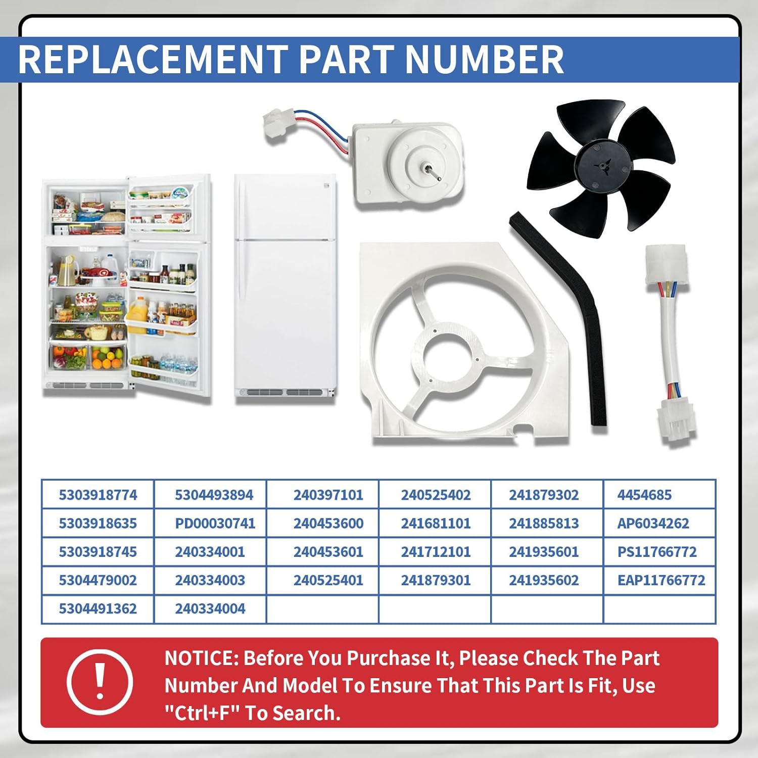 5303918774 Condenser Fan Motor Compatible with Ken-More Frigi-daire Crosley Refrigerator FRS6KR5JSB0, FRT21S6JB, CFTR1826LK, CFTR1826LM, etc. Replace 240334001, 240334003, 5304491362