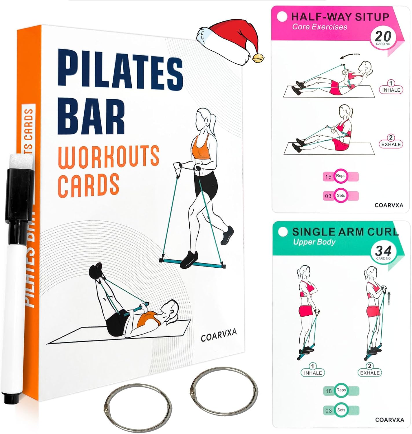 Pilates Bar Workouts for Women-58 Exercise Cards with Pilates Stick Work Out Postures,ncludes 4-Week Challenge,2 Rings& Dry-Erase for Easy Organization-Home, Gym or Studio