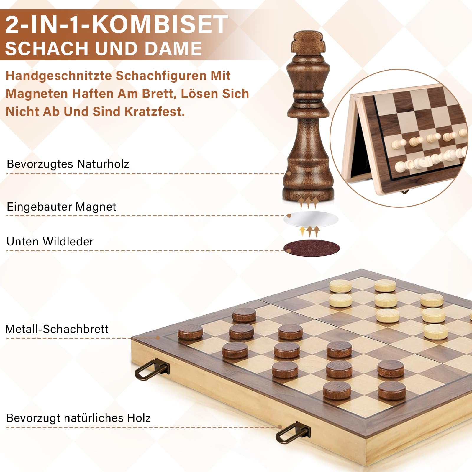 Jeu D'Échecs 39×39cm, 2 en 1 Echiquier Bois, Jeu d'Échec en Bois Pliable, Portable echiquier Magnetique, Chess Board pour Voyage Adultes et Enfants Débutants